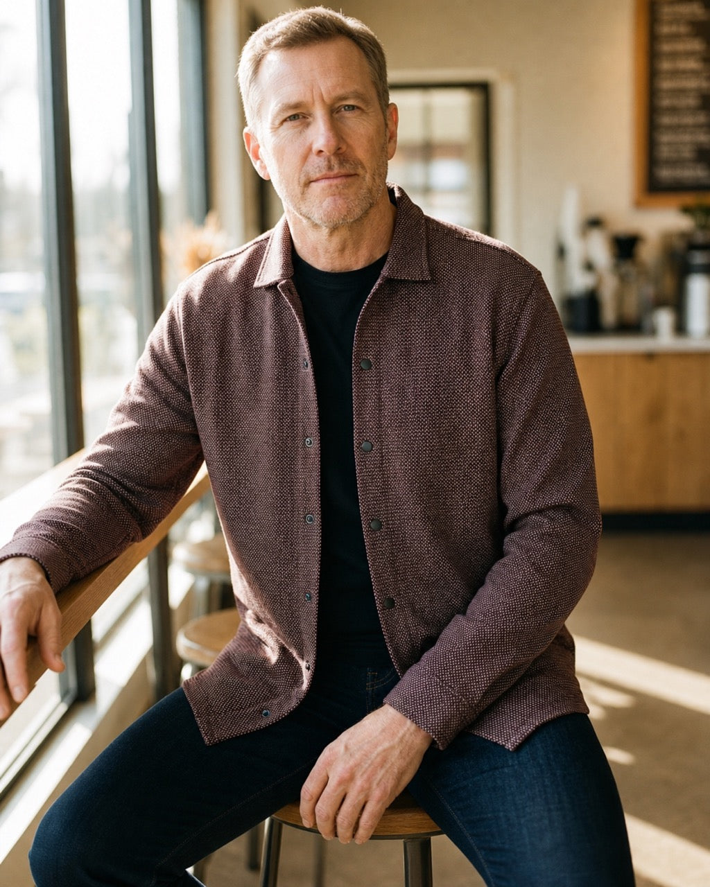 Marcello model wearing a snap cardigan.