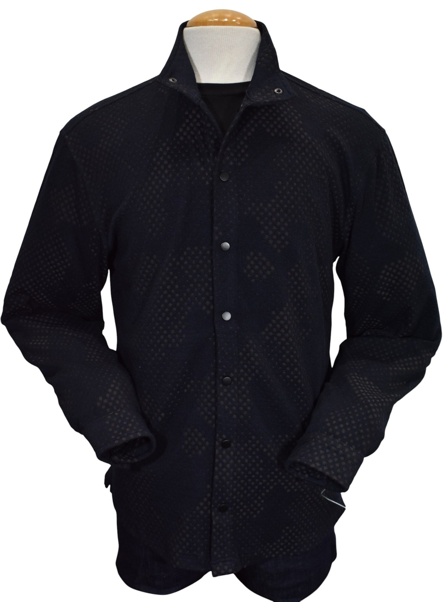 Marcello raised navy pattern with varied spots of mocha in a cool snap front cardigan