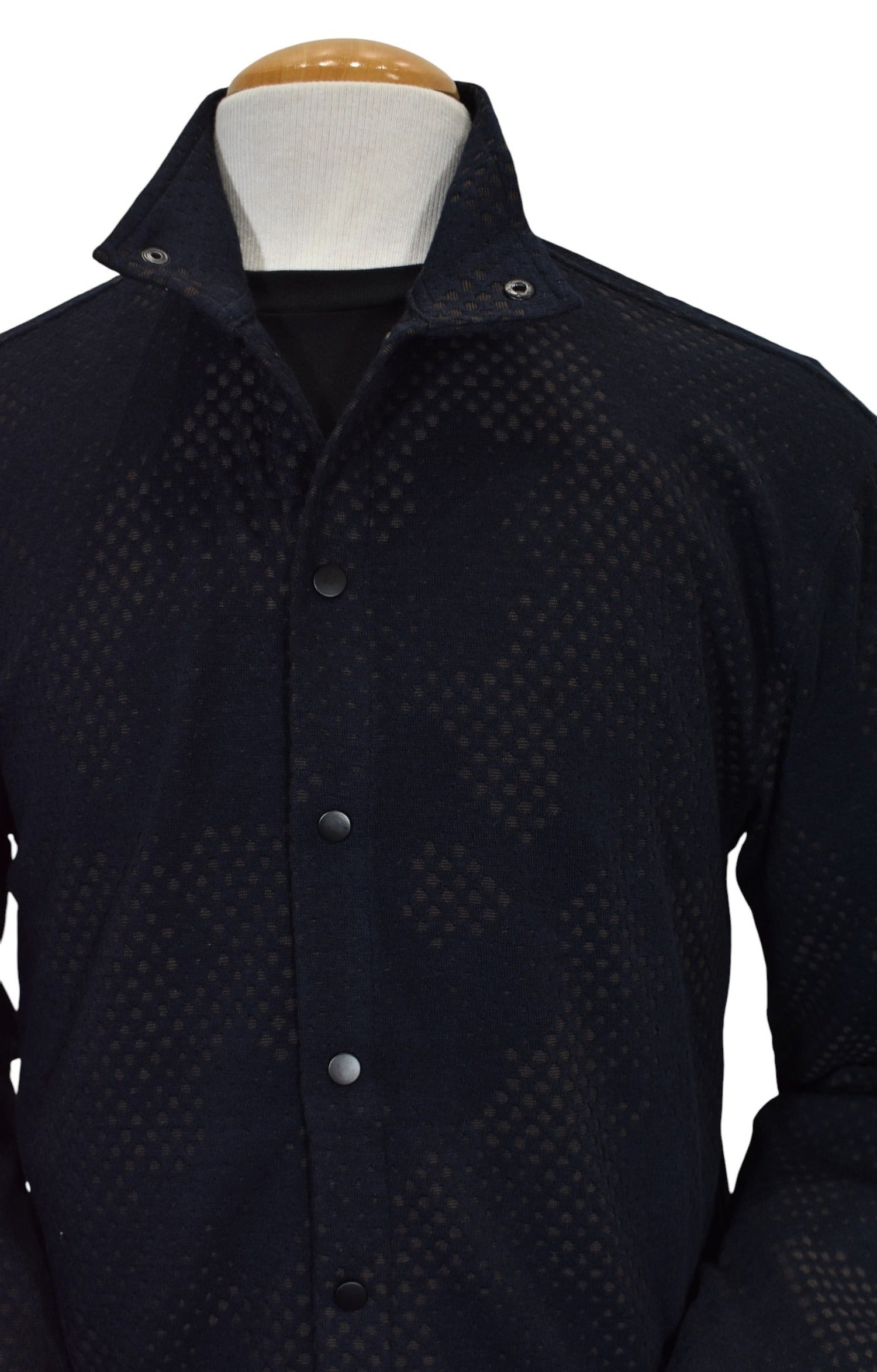 Marcello raised navy pattern with varied spots of mocha in a cool snap front cardigan