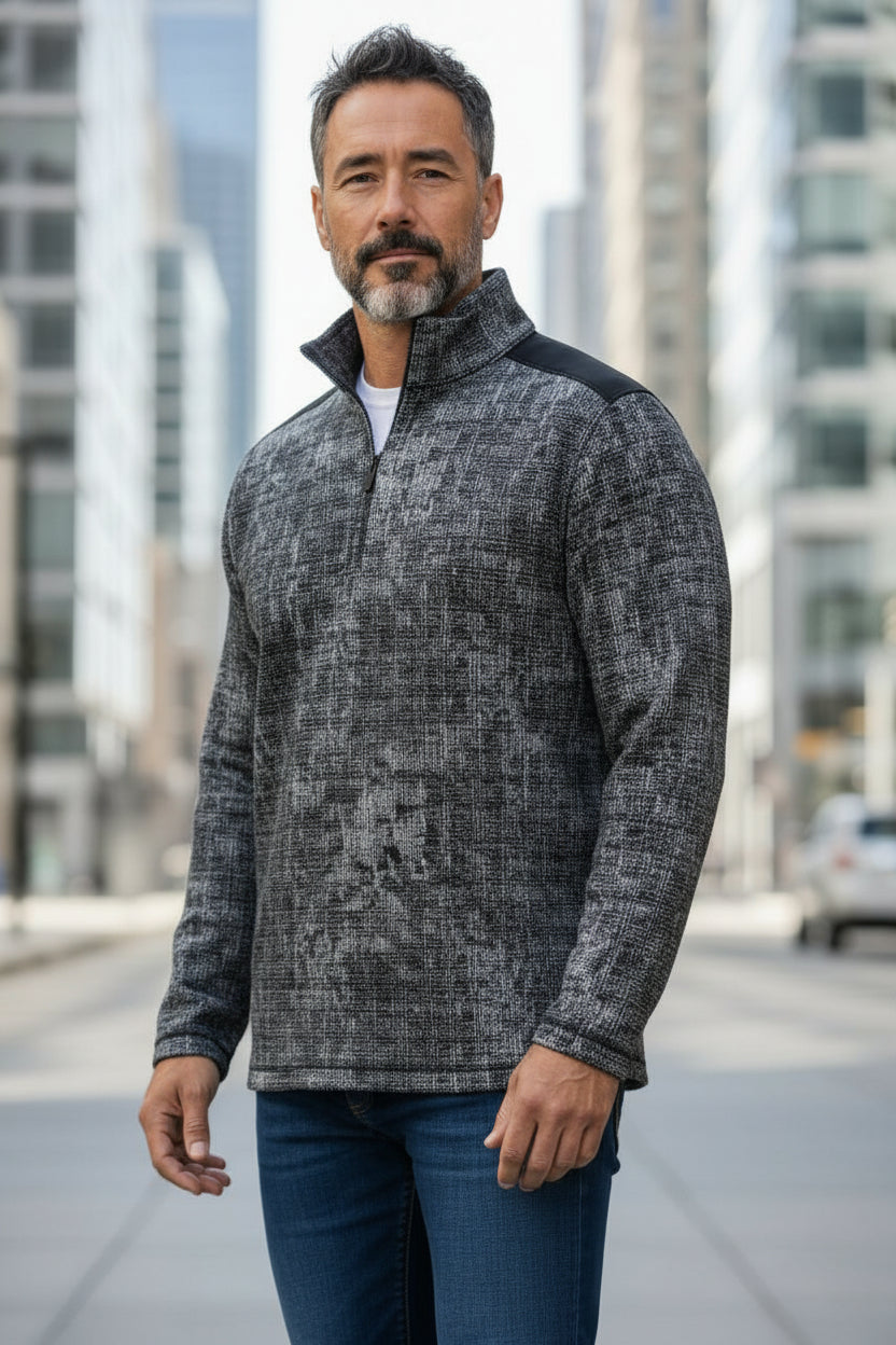 Marcello classic quarter zip in an black/silver/charcoal plaid pattern