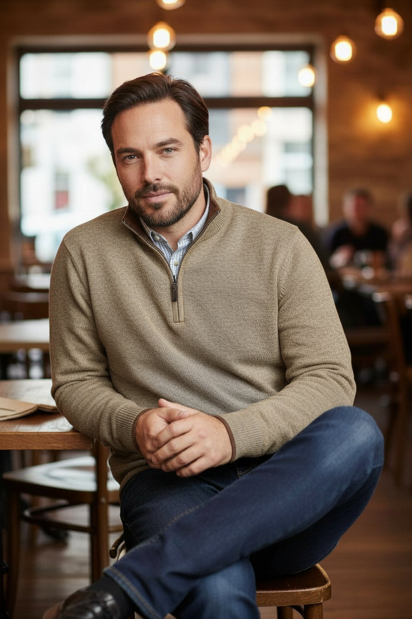 Marcello quarter zip, tan and chocolate neat pattern.