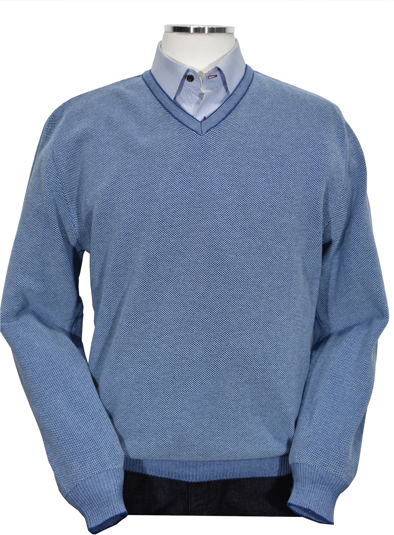 For something timeless and classic, look no further than our signature v-neck light layer, made from ultra-soft Italian cotton with a two-color mixed yarn look for added depth. A perfect complement for cool days, boasting classic banded cuffs and a waist band as well as a comfortable fit.   Italian Popcorn Stitch Sweater by Marcello.