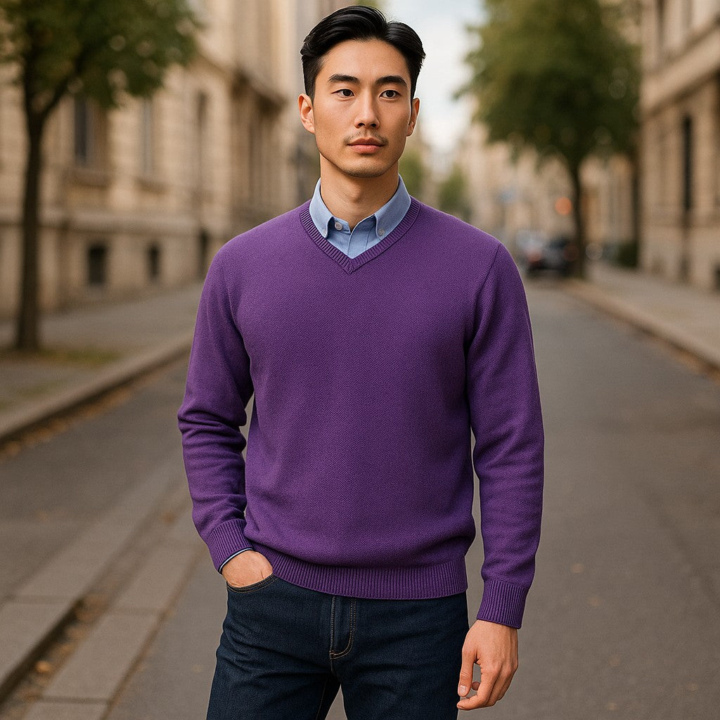 For something timeless and classic, look no further than our signature v-neck light layer, made from ultra-soft Italian cotton with a two-color mixed yarn look for added depth, by Marcello.