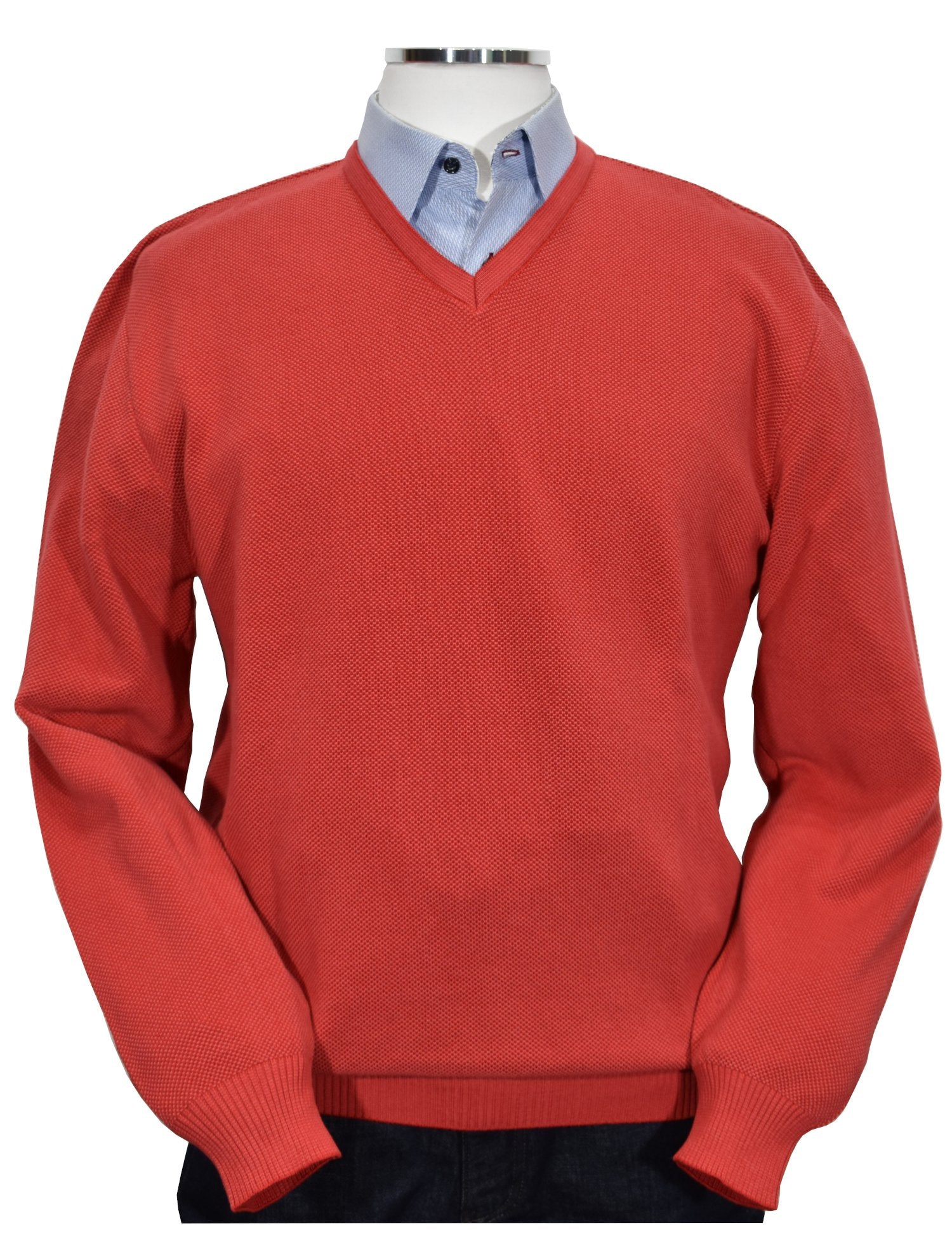 For something timeless and classic, look no further than our signature v-neck light layer, made from ultra-soft Italian cotton with a two-color mixed yarn look for added depth. A perfect complement for cool days, boasting classic banded cuffs and a waist band as well as a comfortable fit.   Italian Popcorn Stitch Sweater by Marcello.