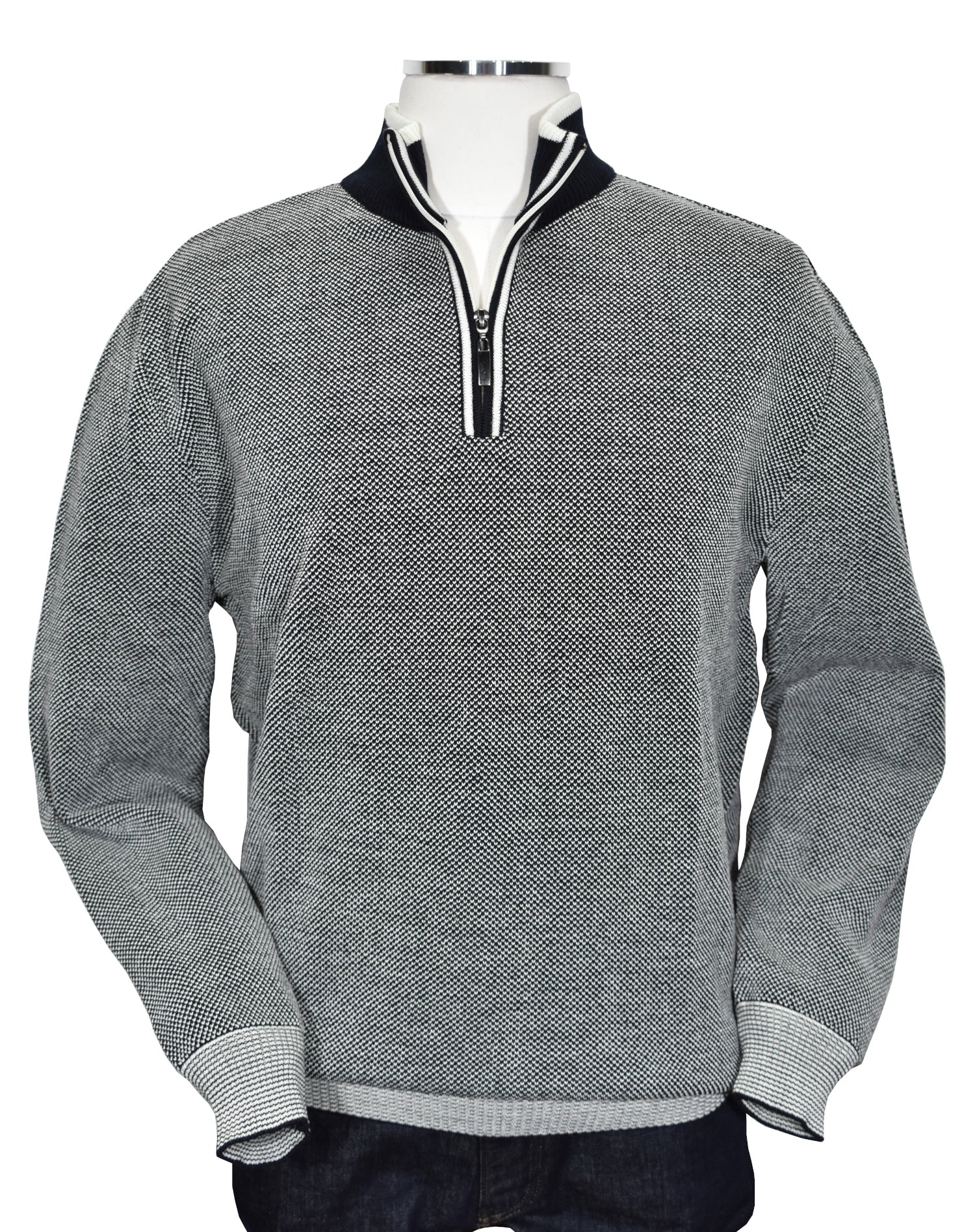 Marcello Quarter Zip  Stay warm and comfortable with the modern style of the 562 Marcello Exclusive Quarter Zip. Crafted with fine two-color yarns knitted together and contrast stitch work, it makes the perfect addition to any wardrobe. Italian merino wool blend ensures a classic style, making it ideal for dress or casual occasions.