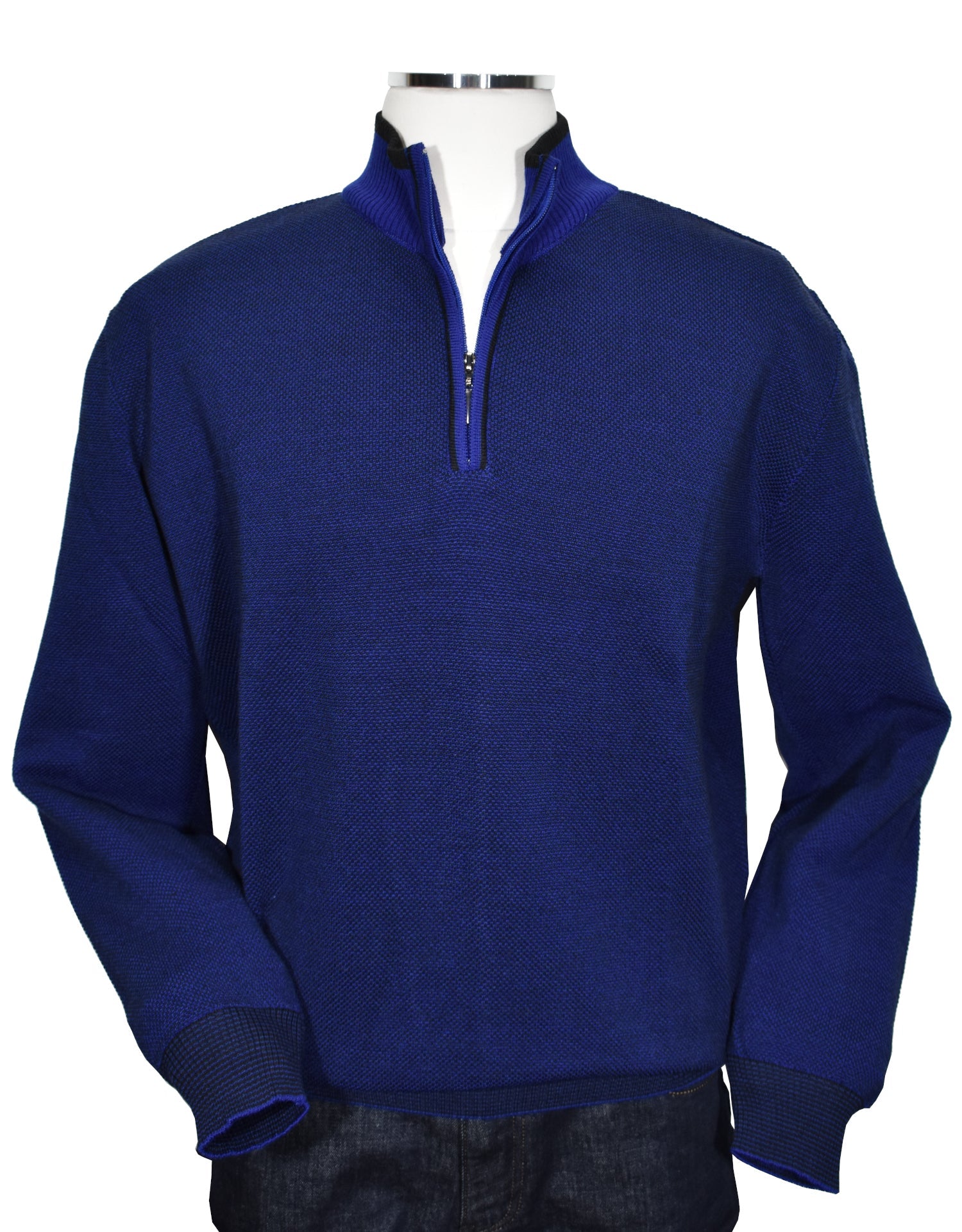 Marcello Quarter Zip  Stay warm and comfortable with the modern style of the 562 Marcello Exclusive Quarter Zip. Crafted with fine two-color yarns knitted together and contrast stitch work, it makes the perfect addition to any wardrobe. Italian merino wool blend ensures a classic style, making it ideal for dress or casual occasions.