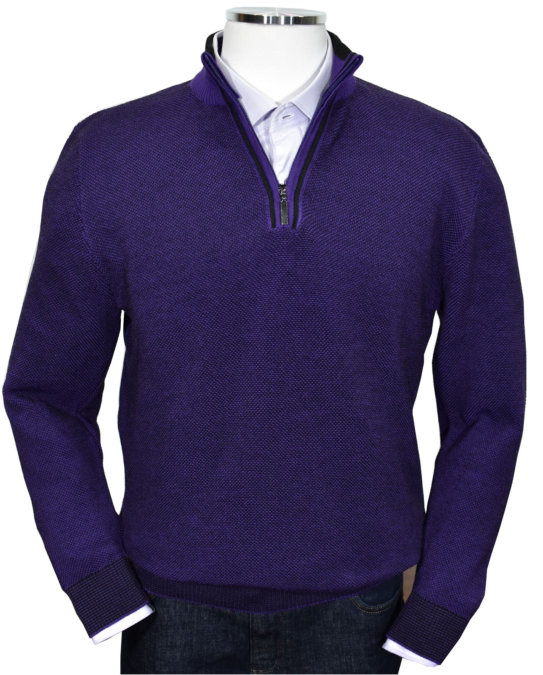 Marcello Quarter Zip  Stay warm and comfortable with the modern style of the 562 Marcello Exclusive Quarter Zip. Crafted with fine two-color yarns knitted together and contrast stitch work, it makes the perfect addition to any wardrobe. Italian merino wool blend ensures a classic style, making it ideal for dress or casual occasions.