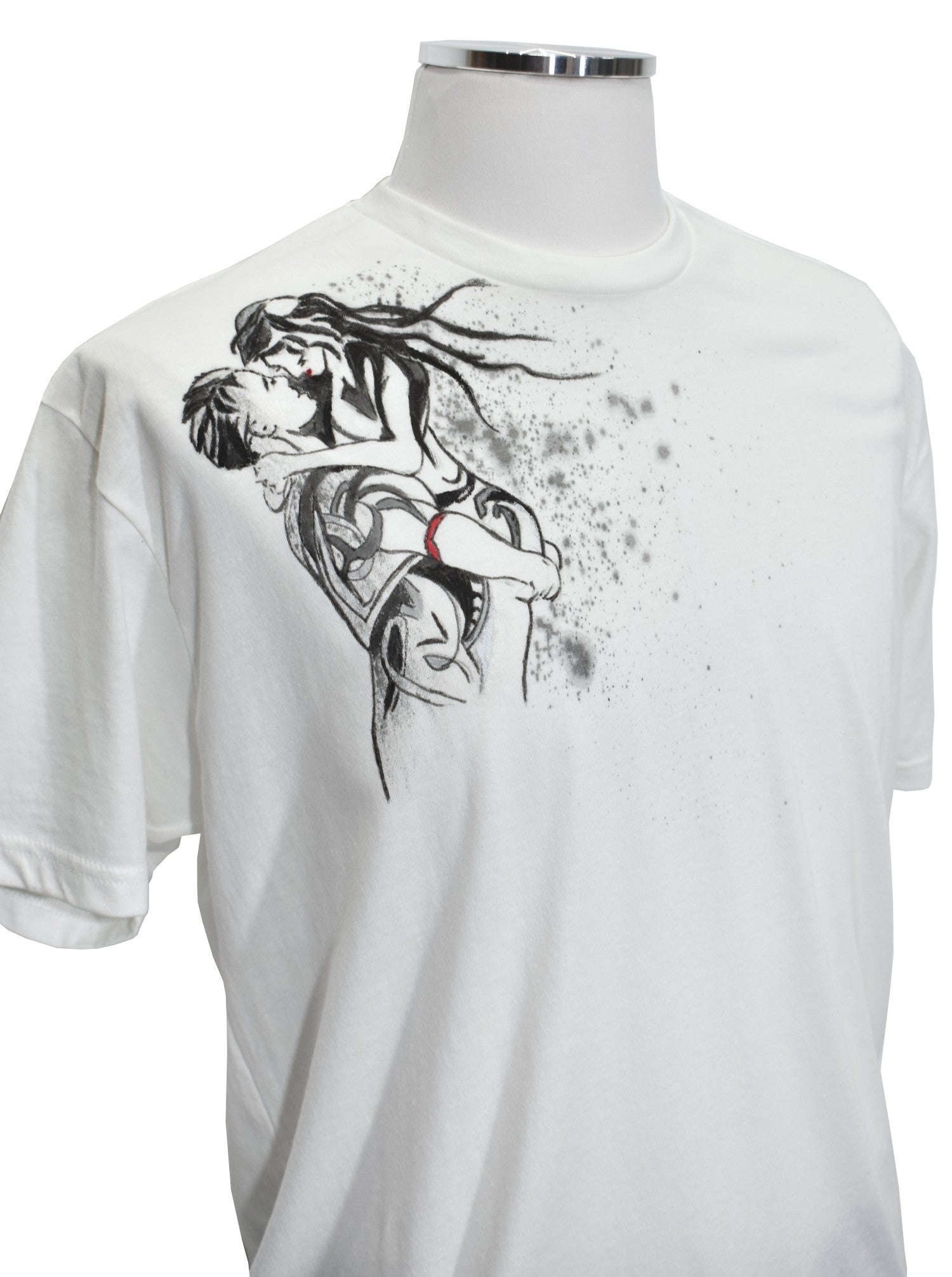 Add a touch of artistic flair to your wardrobe with the Marcello exclusive 670 White Tee Couple Silhouette tee shirt. Each shirt is hand painted by our talented artist, making each one a unique piece. Crafted from a soft blend of cotton and microfiber, this tee is not only stylish but also comfortable.