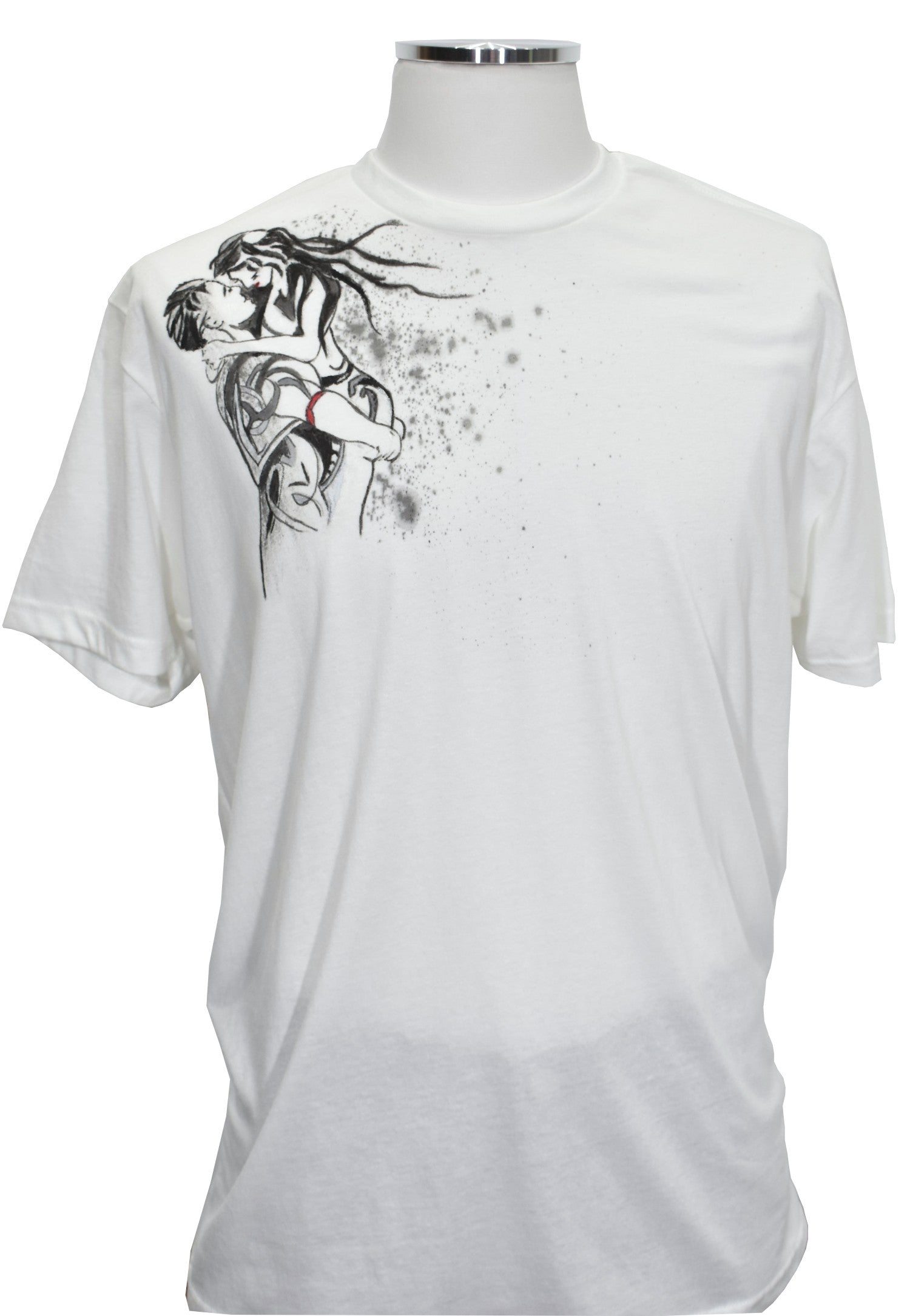 Add a touch of artistic flair to your wardrobe with the Marcello exclusive 670 White Tee Couple Silhouette tee shirt. Each shirt is hand painted by our talented artist, making each one a unique piece. Crafted from a soft blend of cotton and microfiber, this tee is not only stylish but also comfortable.
