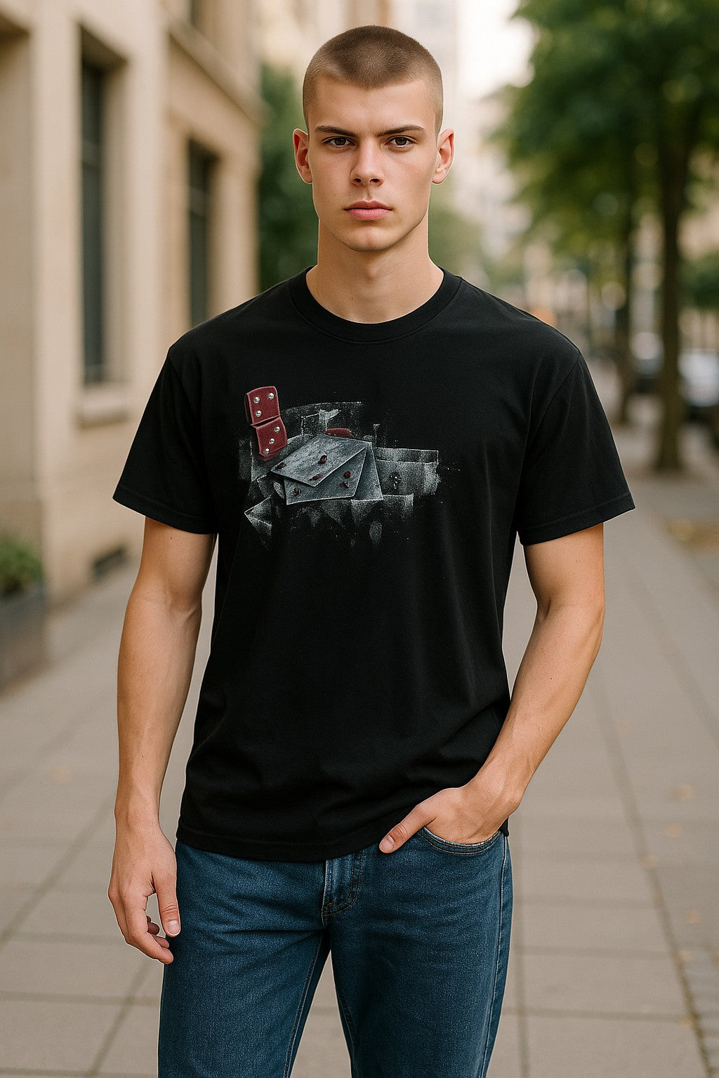Add a touch of artistic flair to your wardrobe with the Marcello exclusive 671 Black Gambling Silhouette tee shirt