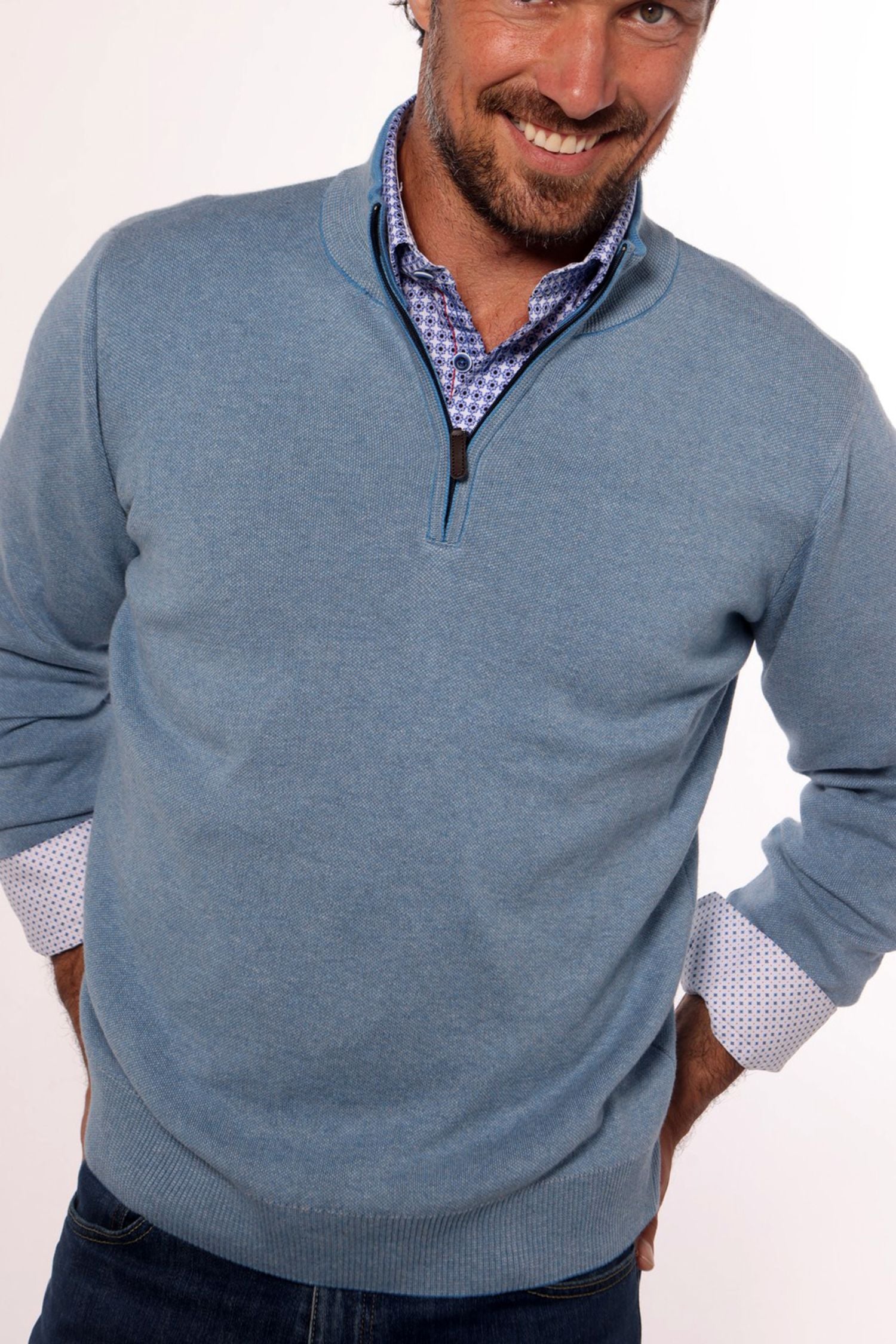 Gorgeous luxe cotton fabric with a cashmere like finish, knitted finely in two complimentary colors to create an updated classic style.  The classic ribbed mock neck, cuffs and waist band mix the two colors in a fine stripe for added detailing.   European, soft cotton yarns.  Light to medium weight.