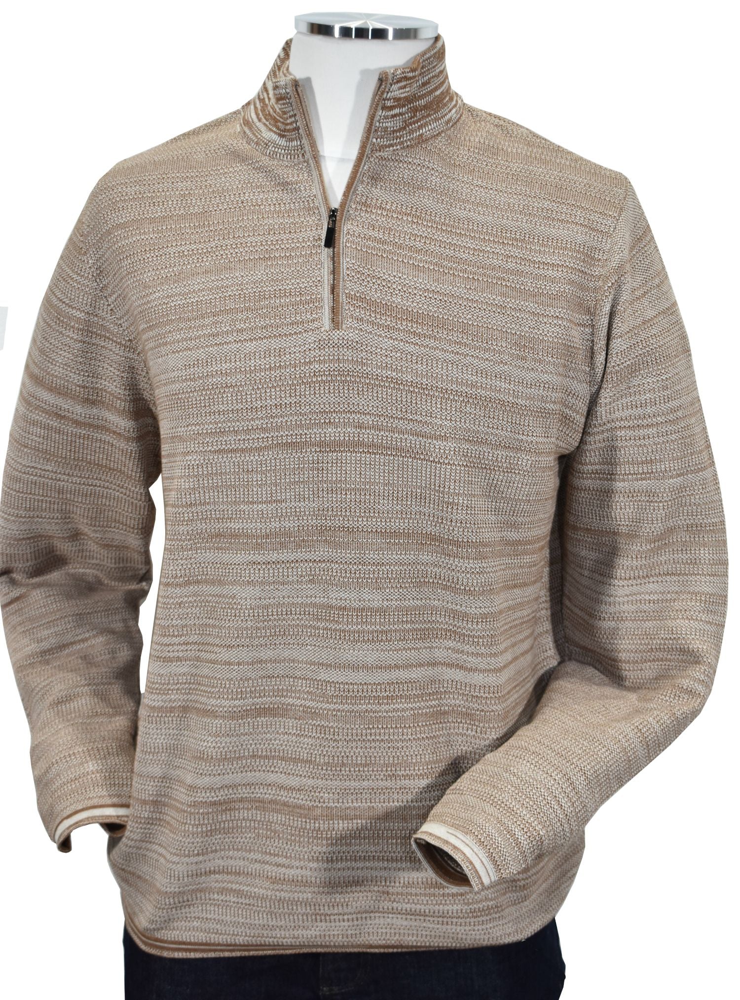Stay warm and look cool in the 869 Missino Mixed Zip Mock. The ultra merino blended yarn has a soft hand feeling and the unique style creates a sporty image for a Saturday night out on the town. The active image is enhanced with exceptional knitting to match the pattern across the chest and sleeves. Classic fit. Available in Tan or Wine