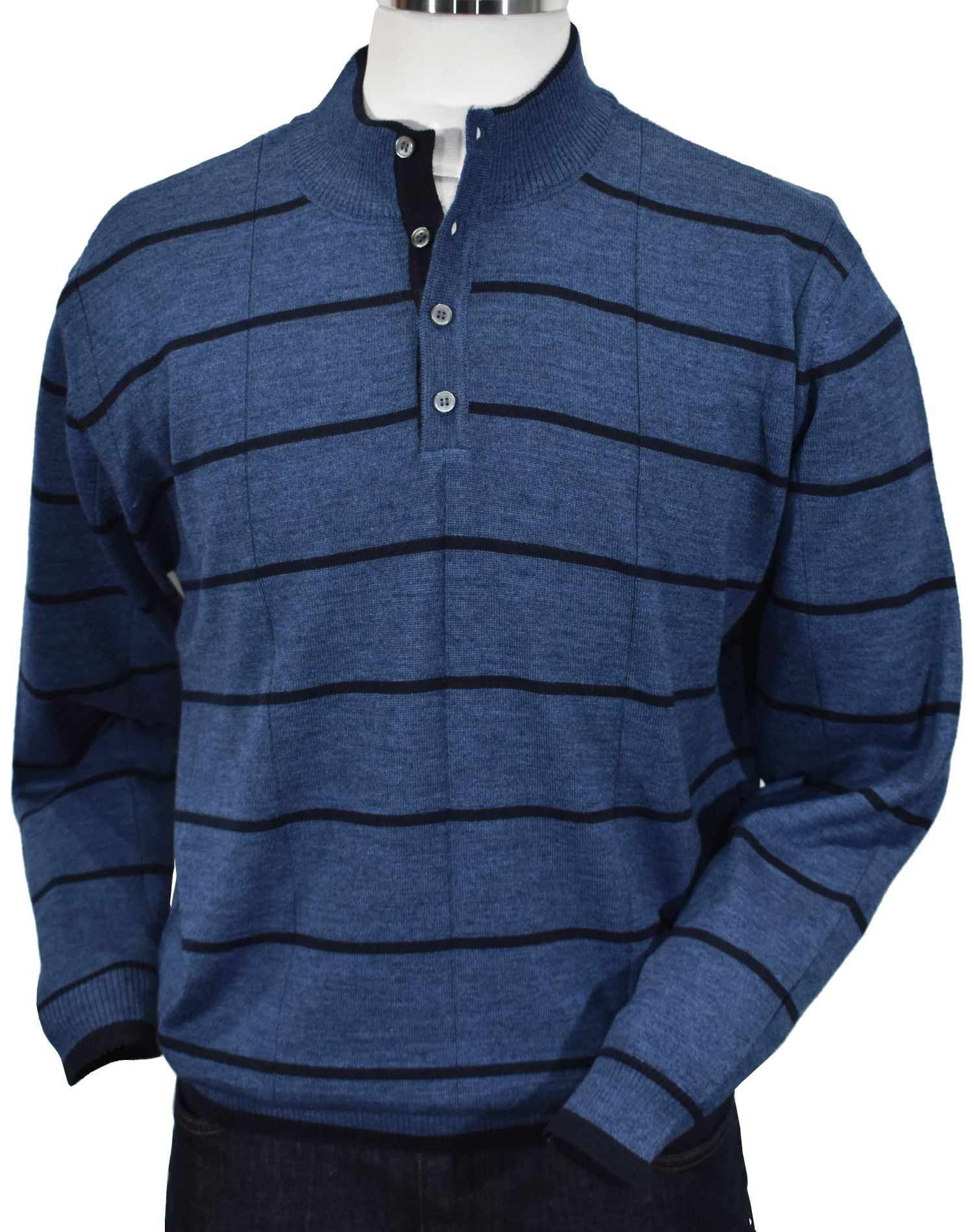 Our Indigo Clarese Classic Knit was crafted with luxury in mind. Indulge in the soft texture of lightweight, washed merino wool blended yarn, and experience the warm image of indigo melange yarns. Vertical jacquard rib stitching and a horizontal accent stripe provide elegance to the classic button mock neck model with a classic fit.