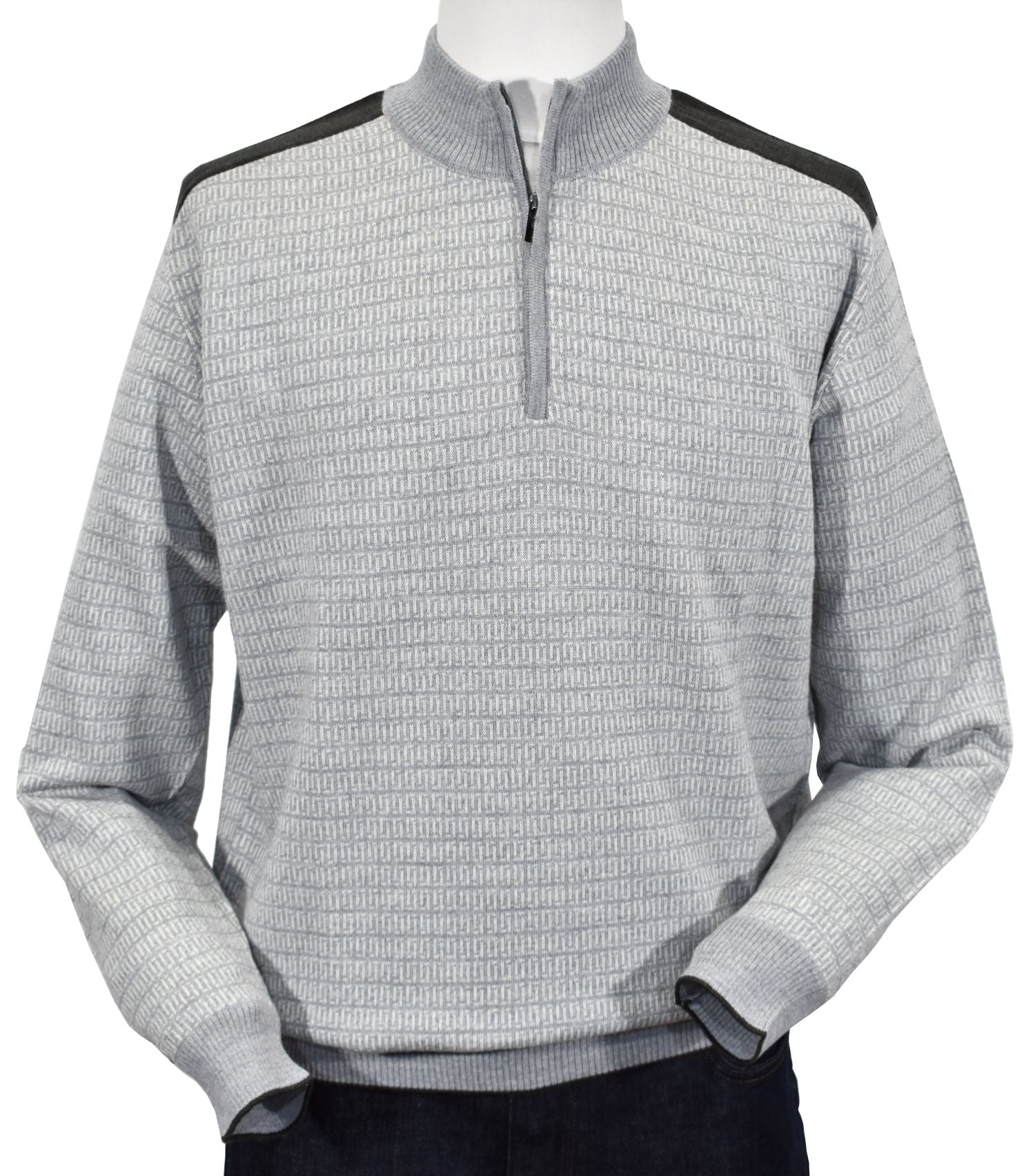 Upgrade your wardrobe with this 876 Gevanci Italian Style. Look and feel confident with its rich tight geometric pattern and contrast shoulder detail, while the soft ultra merino blend fabric keeps you comfortable. Perfect for any special occasion!  Classic fit.