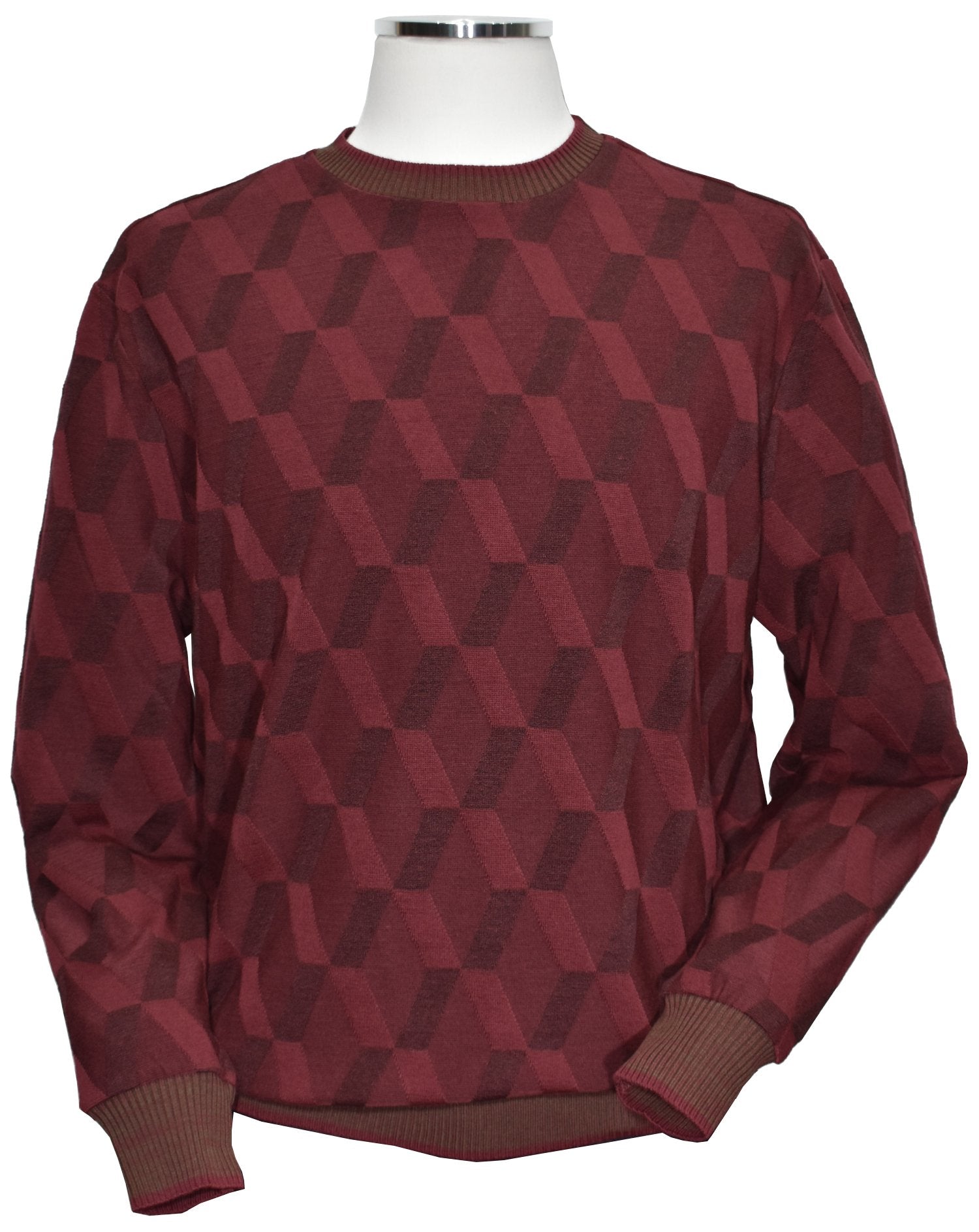 Fashion style in the Marcello Wine Diagonal Jacquard Sweater - a perfect blend of cotton, viscose, and microfiber that creates a lightweight, soft knit for ultimate comfort and stretch. Trendy diamond jacquard in wine shaded tones and with accent highlights, along with a stylish abstract diagonal pattern, will elevate any outfit. 
