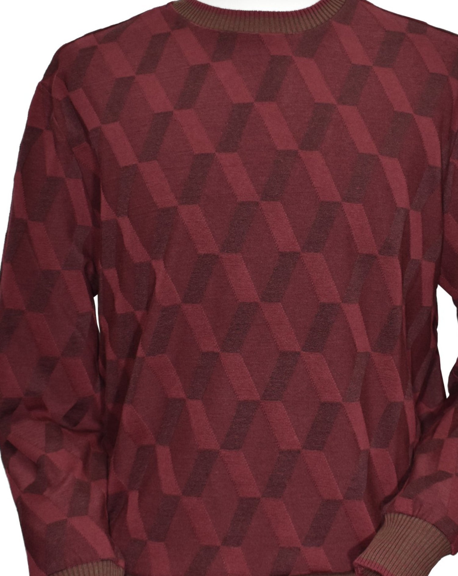 Fashion style in the Marcello Wine Diagonal Jacquard Sweater - a perfect blend of cotton, viscose, and microfiber that creates a lightweight, soft knit for ultimate comfort and stretch. Trendy diamond jacquard in wine shaded tones and with accent highlights, along with a stylish abstract diagonal pattern, will elevate any outfit. 