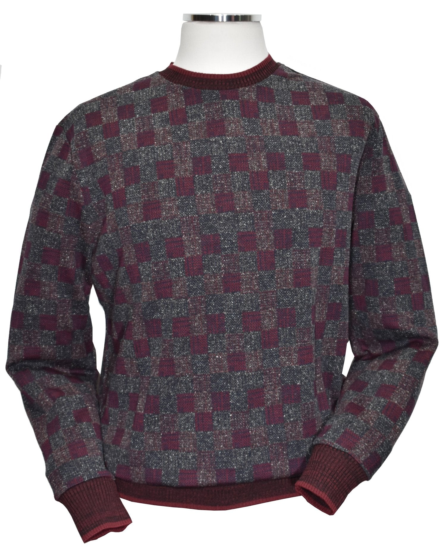 Unique chalet wine melange Marcello Jacquard Sweater - a perfect blend of cotton, viscose, and microfiber that creates a lightweight, soft knit for ultimate comfort and stretch. Its unique mixture of charcoal melange and wine tones, along with a stylish abstract grid pattern, will elevate any outfit. 