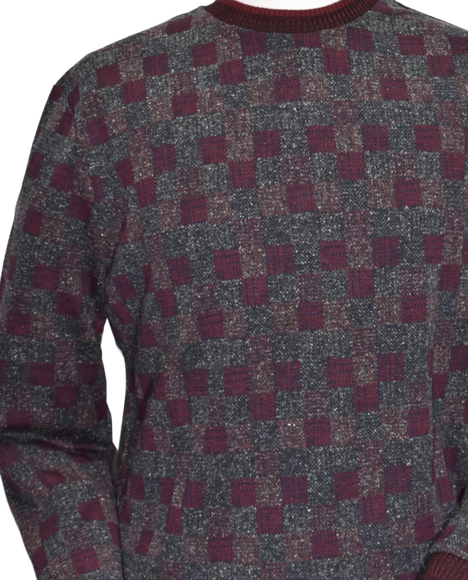 Unique chalet wine melange Marcello Jacquard Sweater - a perfect blend of cotton, viscose, and microfiber that creates a lightweight, soft knit for ultimate comfort and stretch. Its unique mixture of charcoal melange and wine tones, along with a stylish abstract grid pattern, will elevate any outfit. 