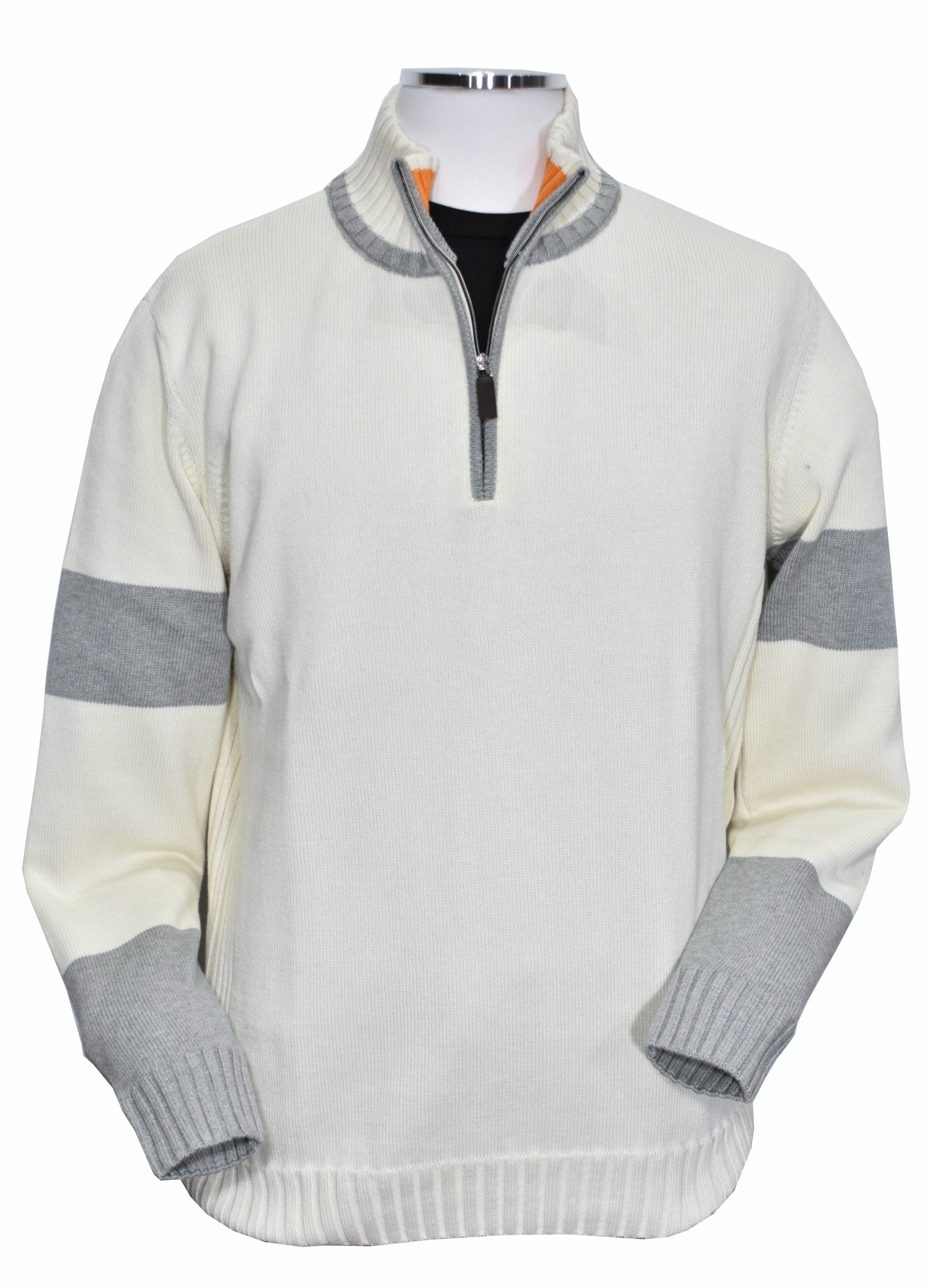 Stay comfortable and stylish with the Marcello 908 Athens Quarter Zip. With soft cotton blended yarn and a medium weight design, this quarter zip offers a cozy fit. The crisp ivory body and silver detailing, along with the fashion orange trim inside the neck band, create a sleek and trendy look. 