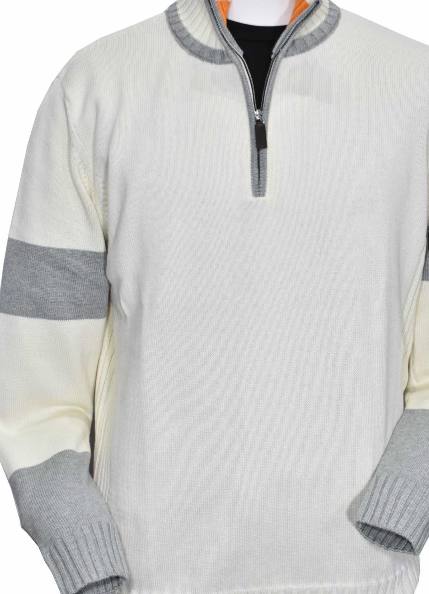 Stay comfortable and stylish with the Marcello 908 Athens Quarter Zip. With soft cotton blended yarn and a medium weight design, this quarter zip offers a cozy fit. The crisp ivory body and silver detailing, along with the fashion orange trim inside the neck band, create a sleek and trendy look. 
