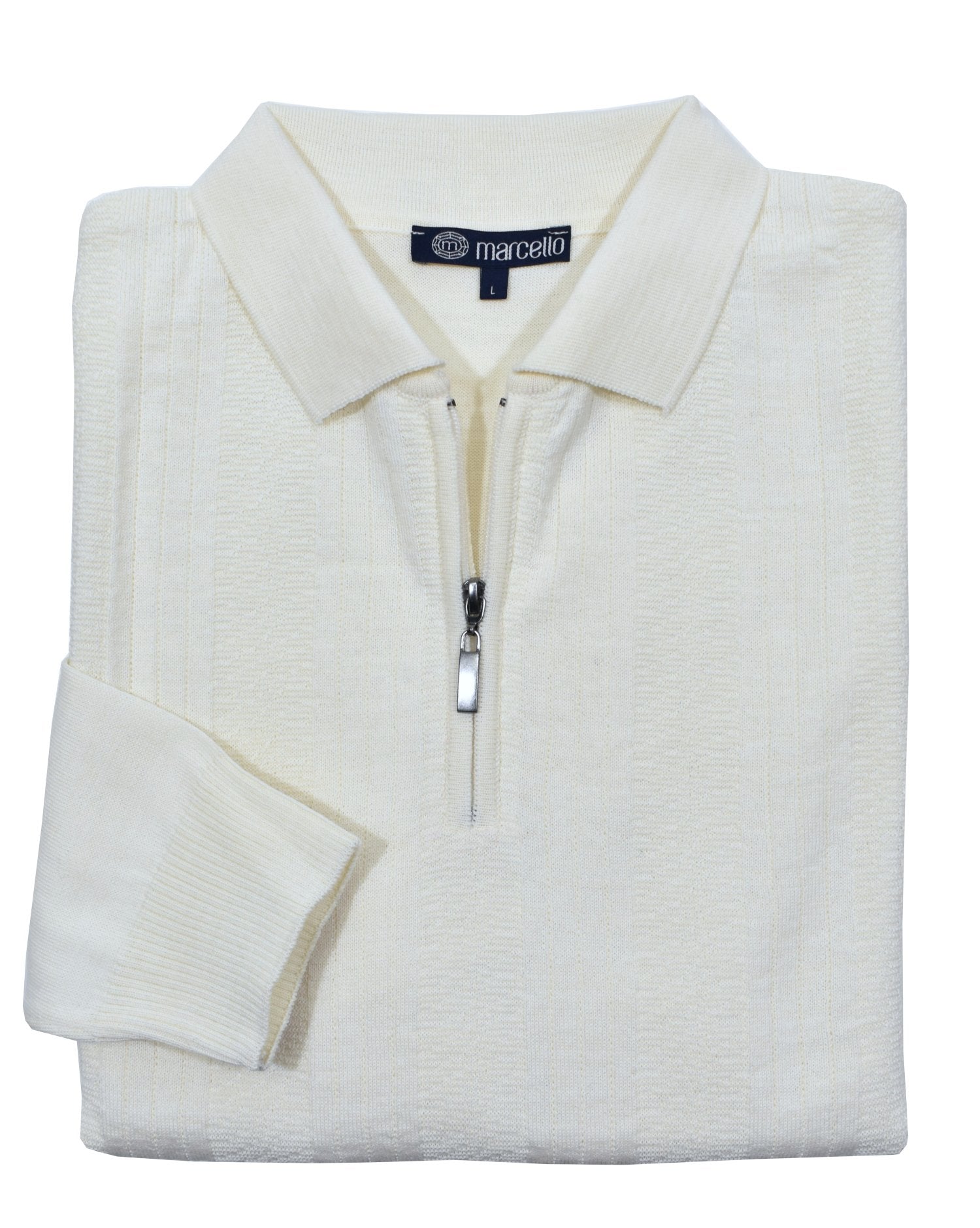 The Marcello 919 Madison Tonal Knit is the perfect addition to your winter wardrobe. Crafted in a crisp ecru solid jacquard, this lightweight zip polo is both soft and versatile. Pair it with any bottoms for a stylish winter white look, or layer it under a sport coat for a sophisticated touch.