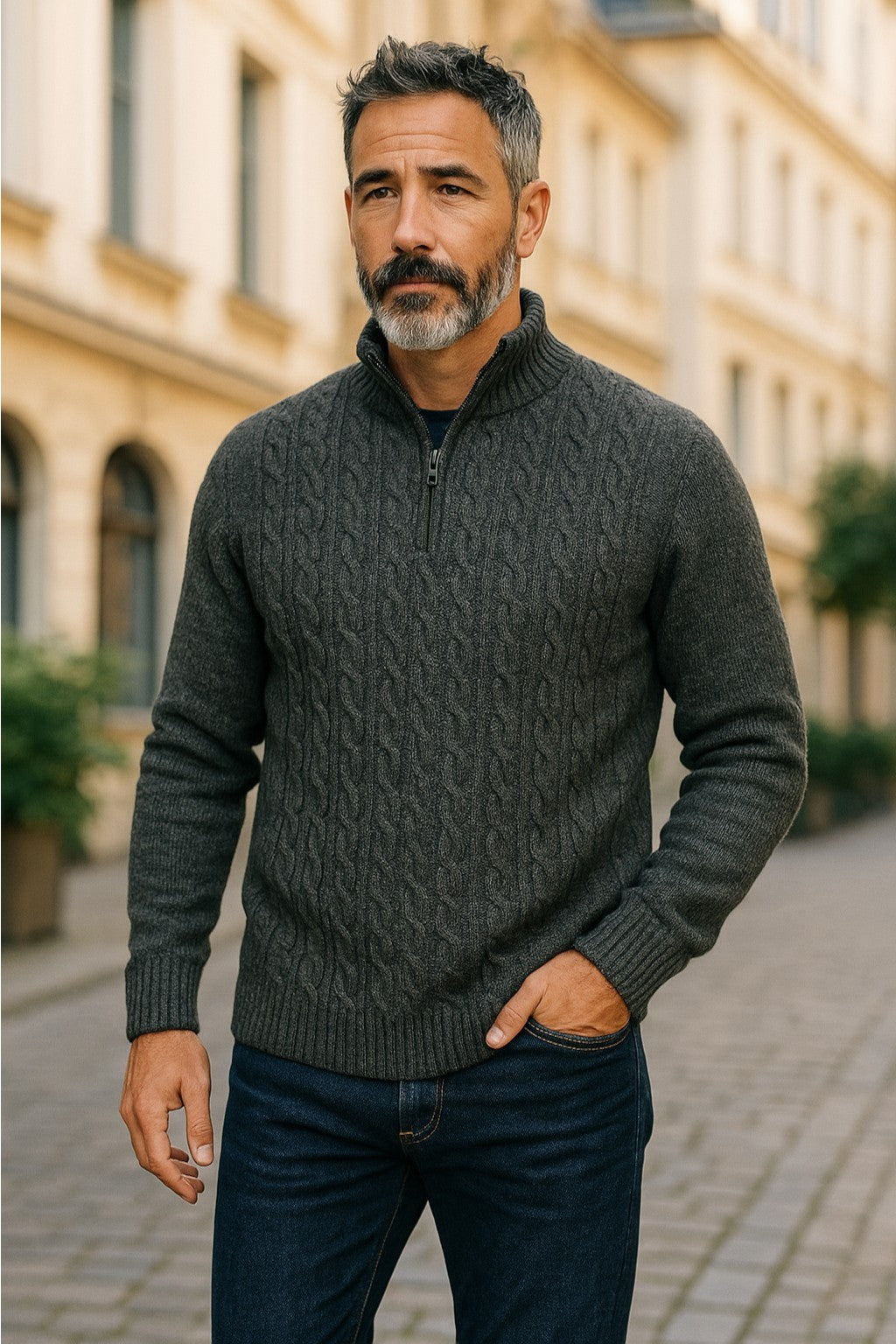 Experience luxurious comfort with our Marcello Pierce Charcoal Cable Quarter Zip