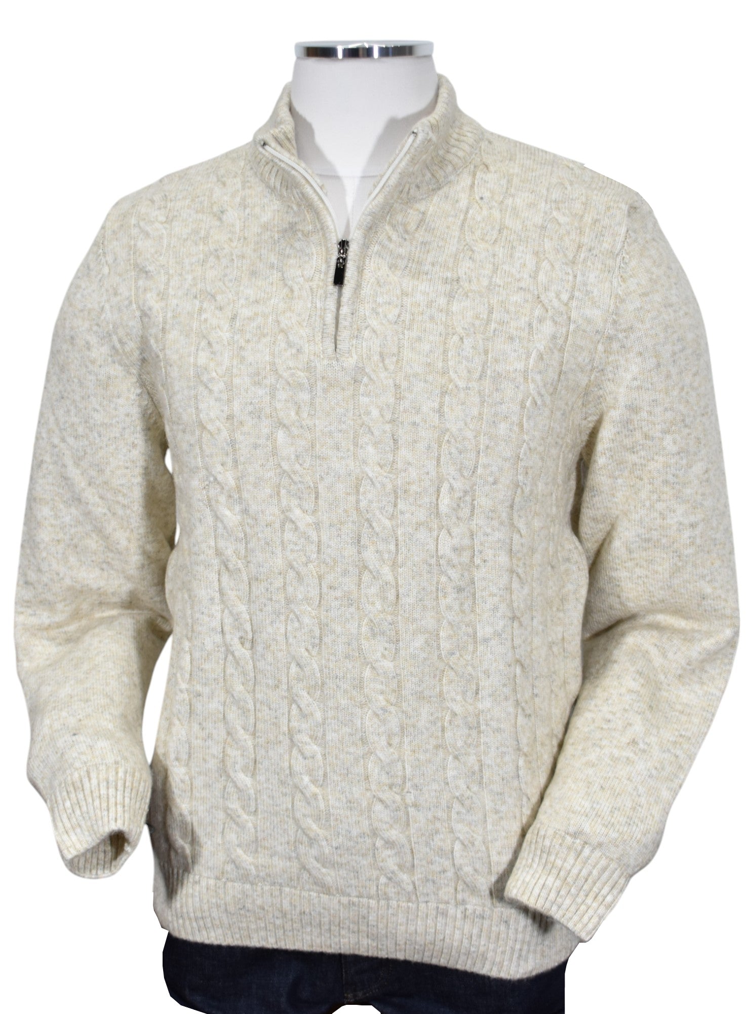 Experience luxurious comfort with our Marcello Pierce Ecru Cable Quarter Zip