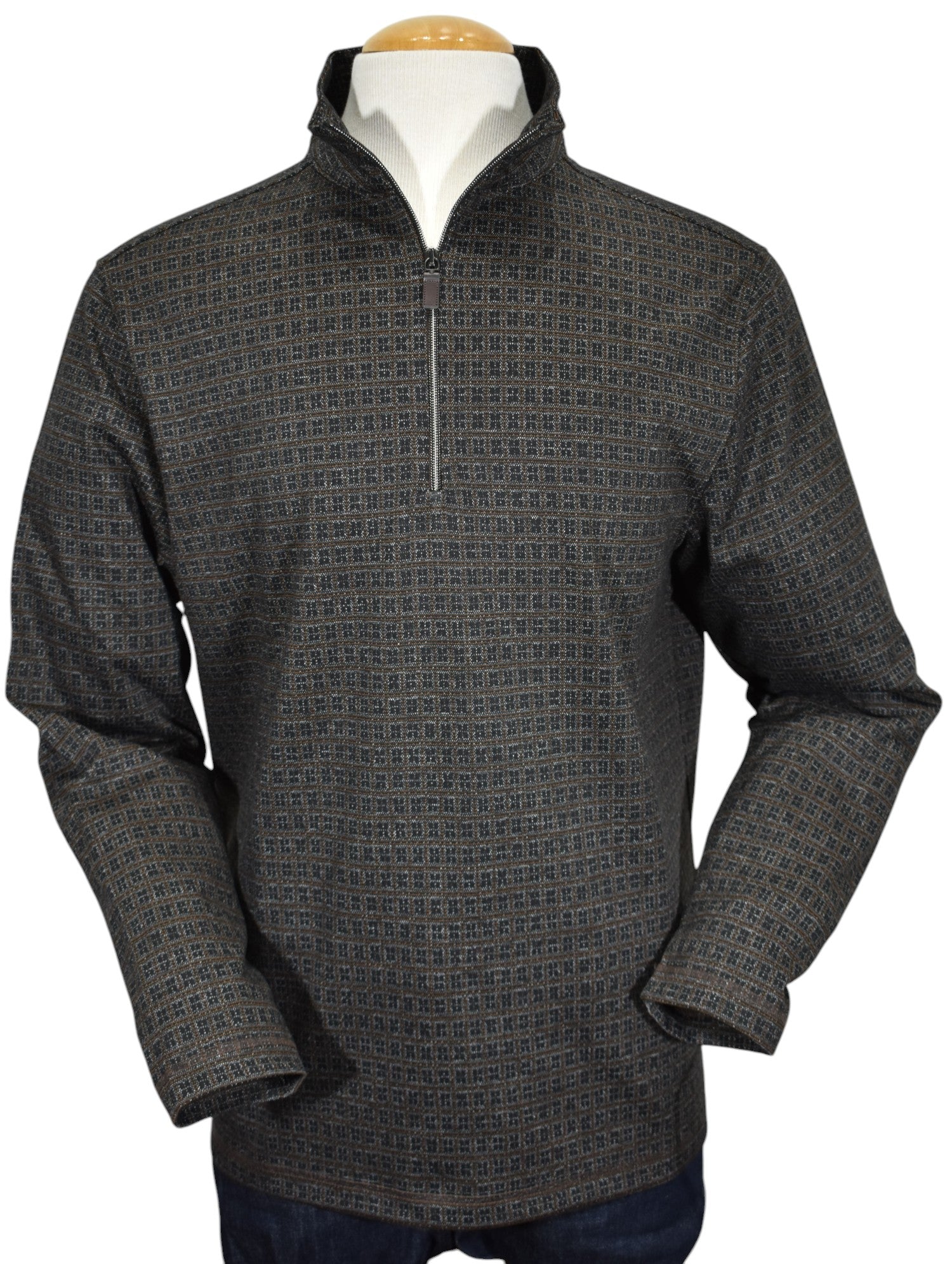 Introducing the Marcello Sasso Quarter Zip - the perfect combination of chocolate and black with a touch of tan.