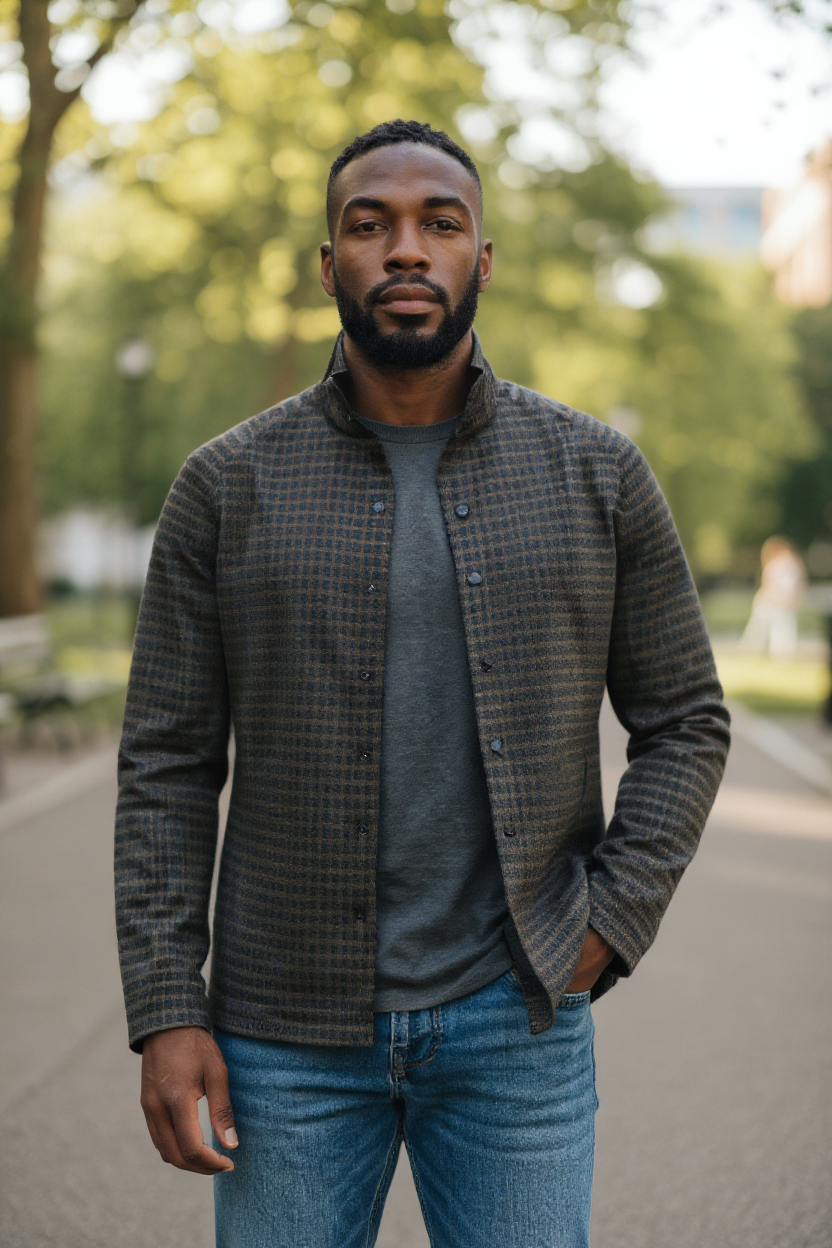 Marcello men's snap cardigan in chocolate and black.