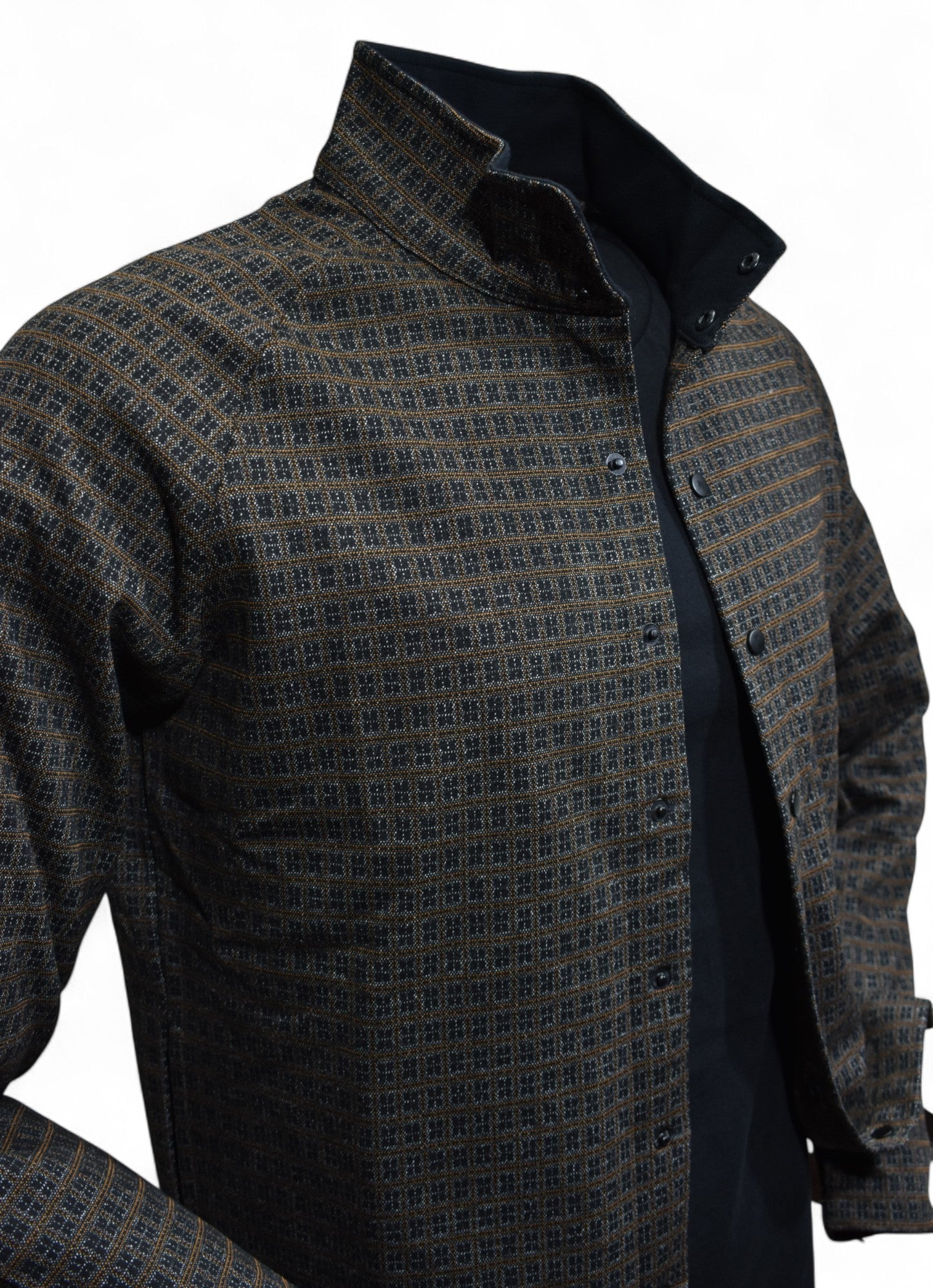 The perfect combination of chocolate and black with a touch of tan in a cool contemporary snap front shacket model by Marcello.