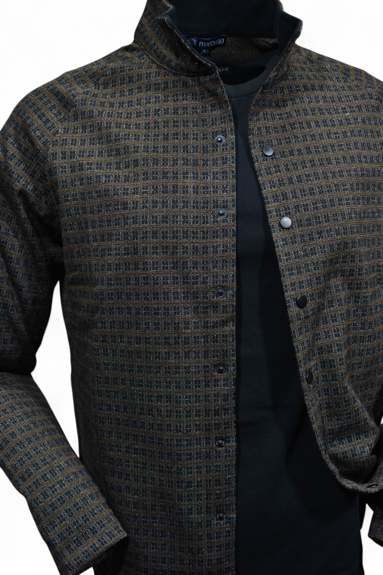 Marcello men's snap cardigan in chocolate and black.
