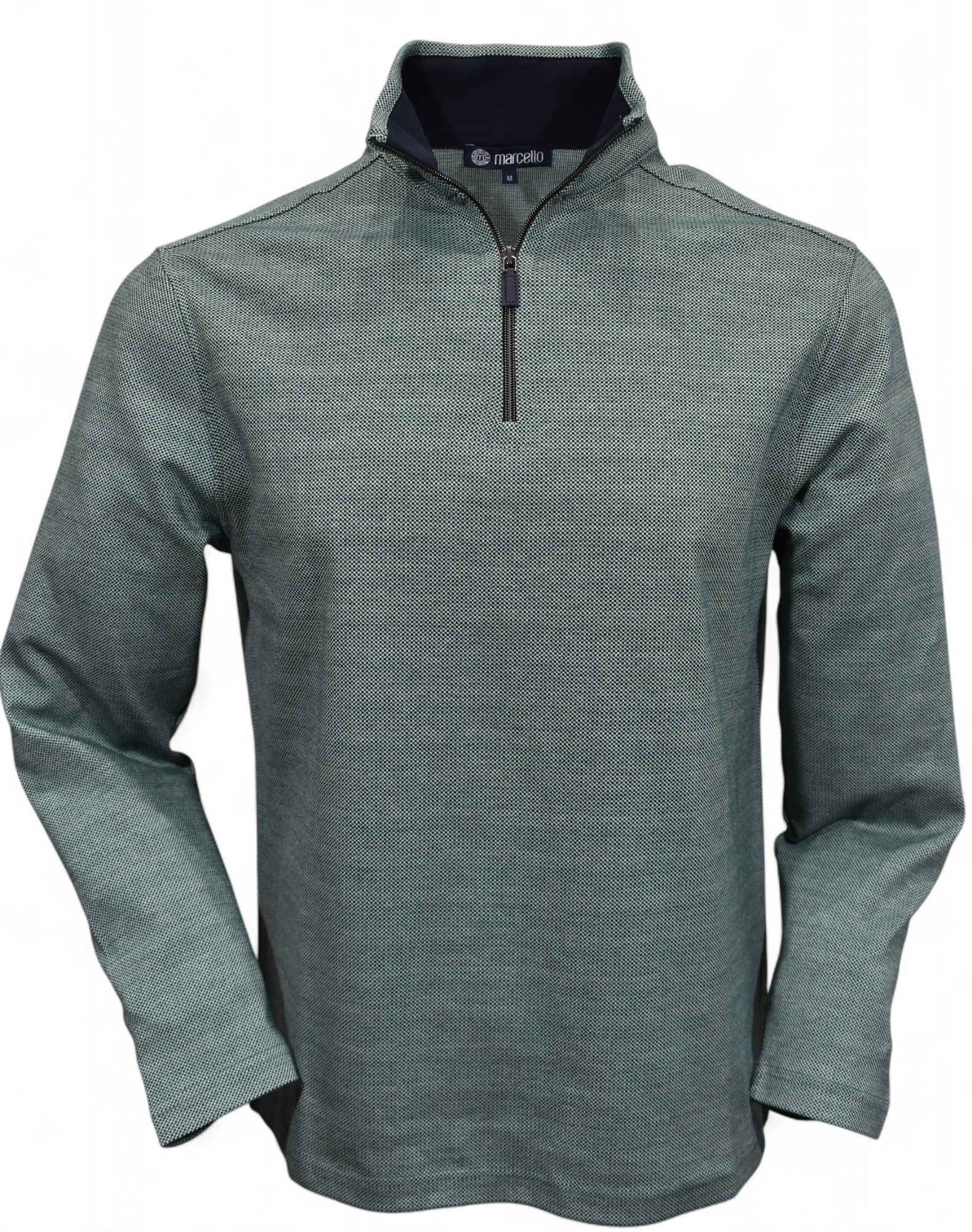 Cool cotton fabric sporting a fine green, navy and white micro box pattern by Marcello