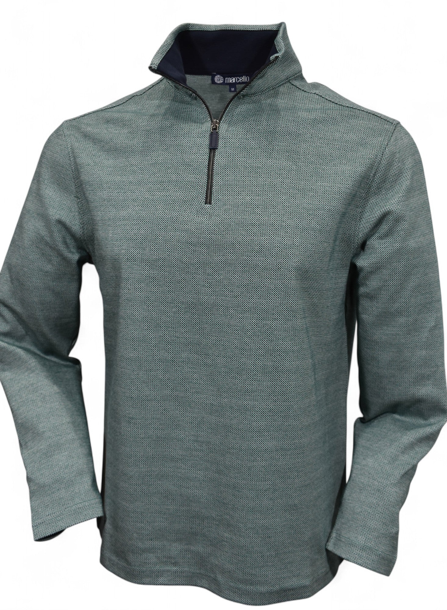 Cool cotton fabric sporting a fine green, navy and white micro box pattern by Marcello