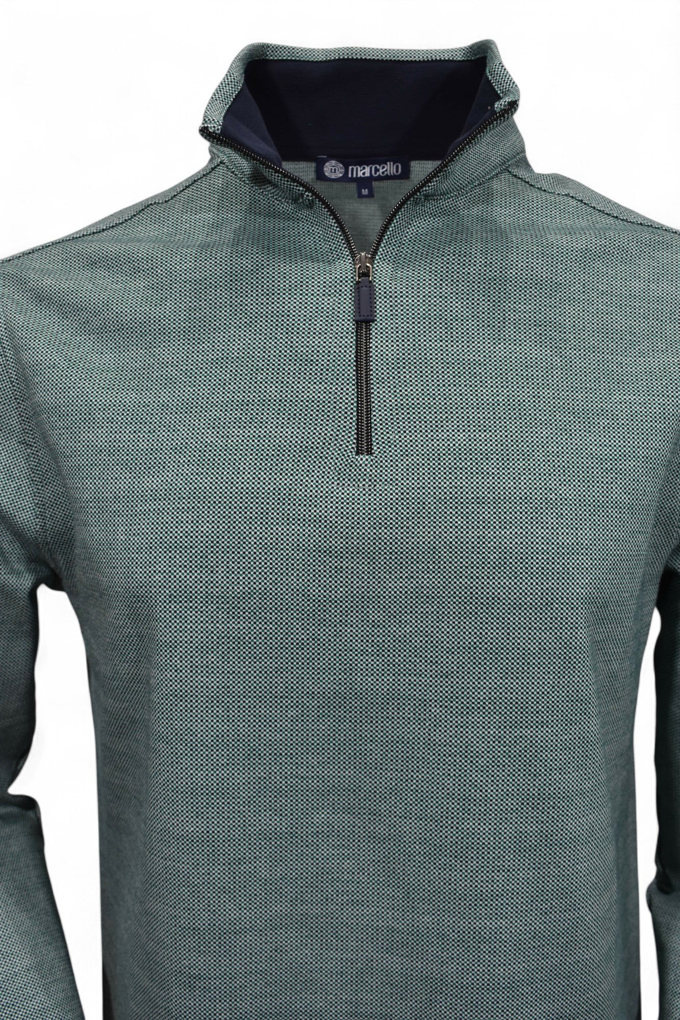 Cool cotton fabric sporting a fine green, navy and white micro box pattern by Marcello