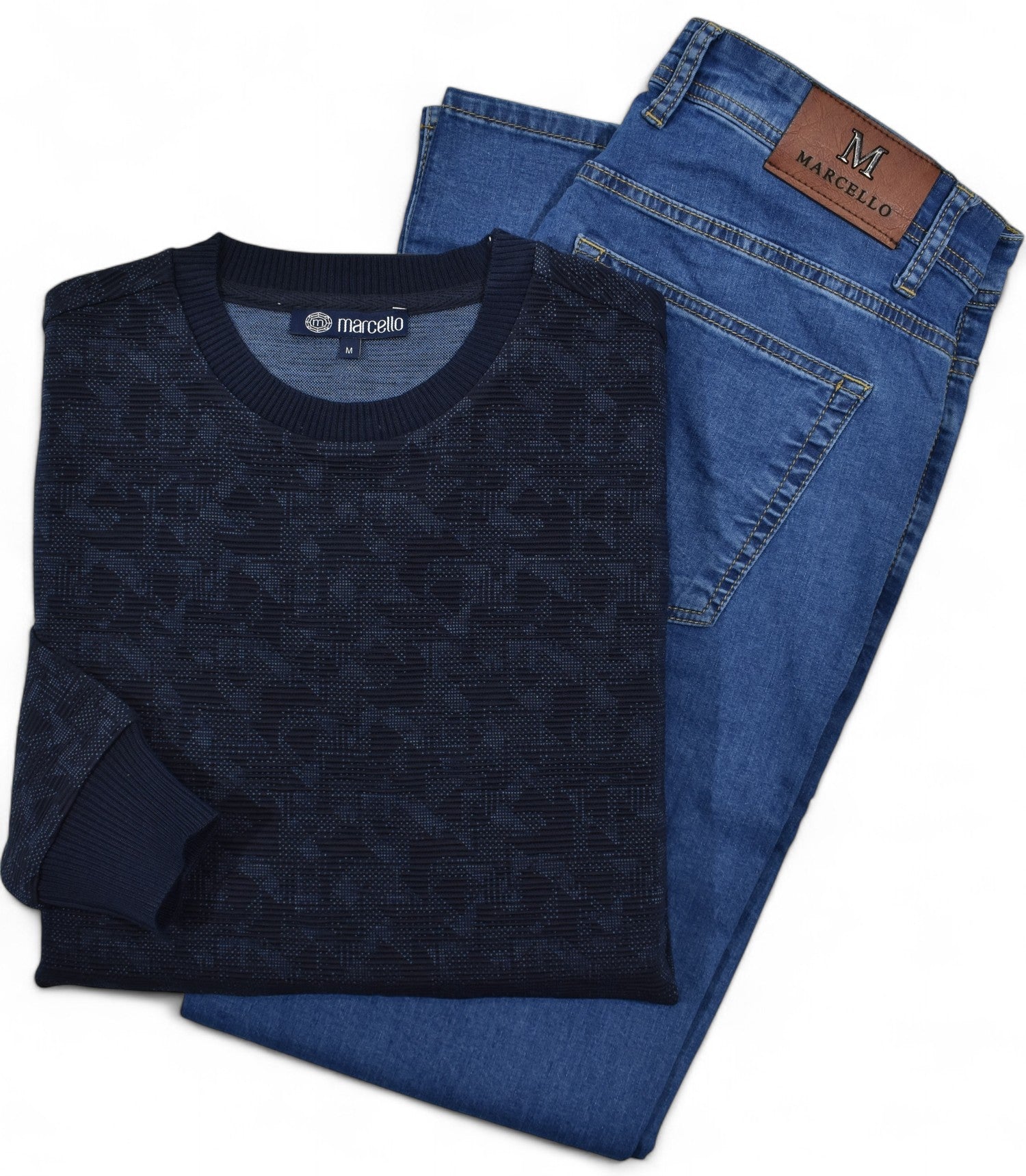 Elevate your style with our Marcello Navy Geometric Sweater