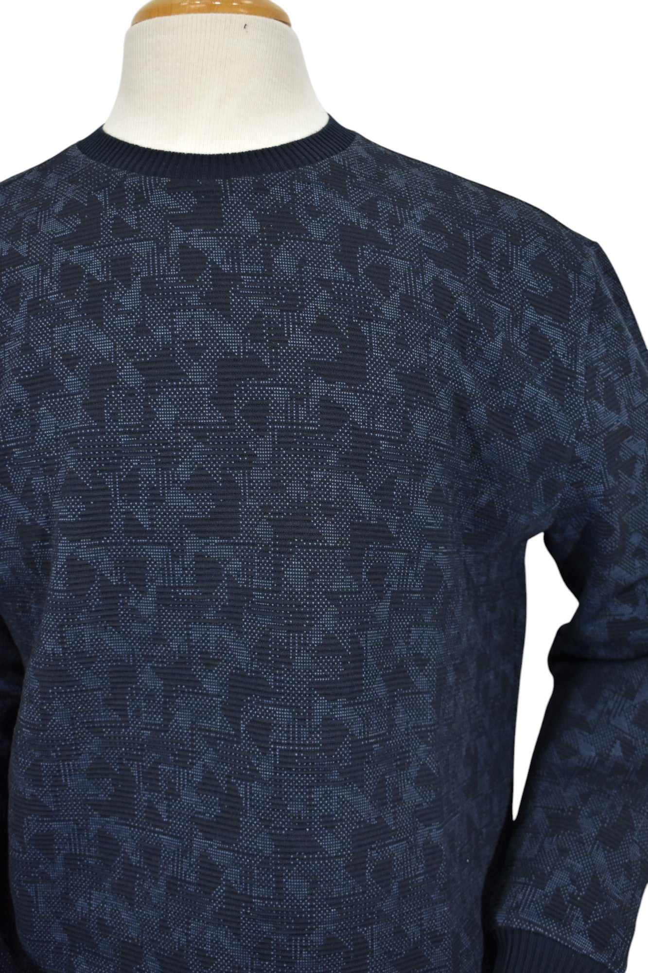 Elevate your style with our Marcello Navy Geometric Sweater!