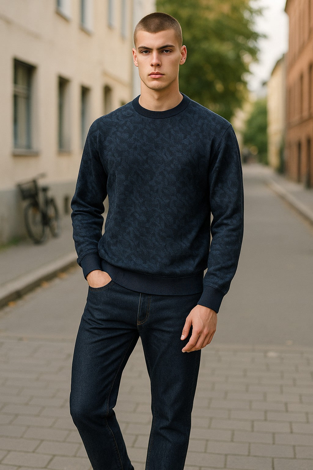 Elevate your style with our Marcello Navy Geometric Sweater!