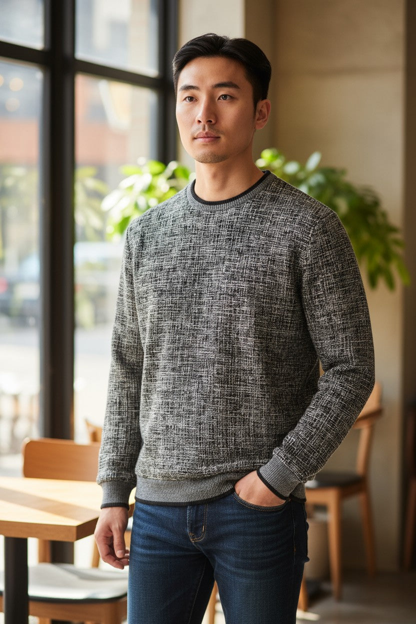 Marcello mens pullover in black, charcoal and ivory tones.