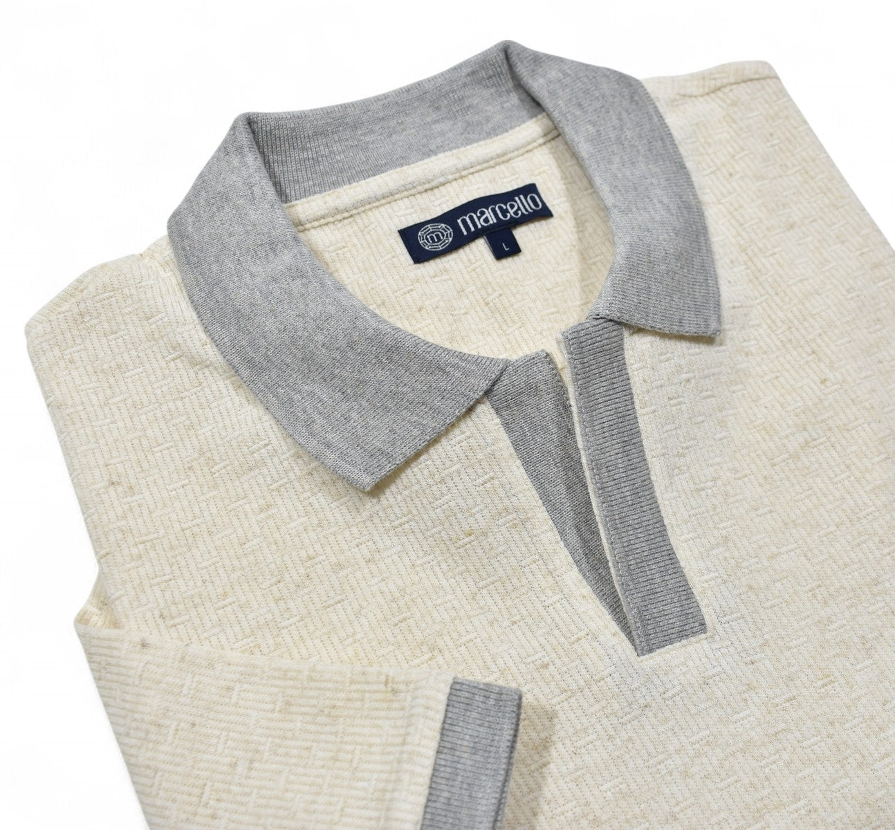 Marcello knit polo open collar in ivory.