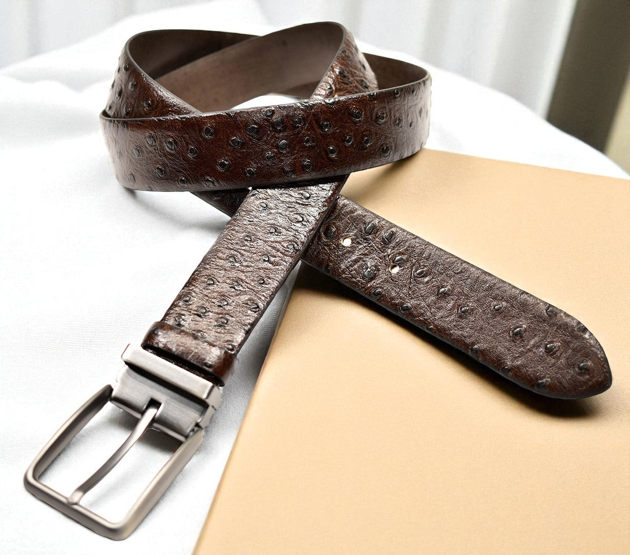 Marcello men's leather ostrich stamped belt chocolate.