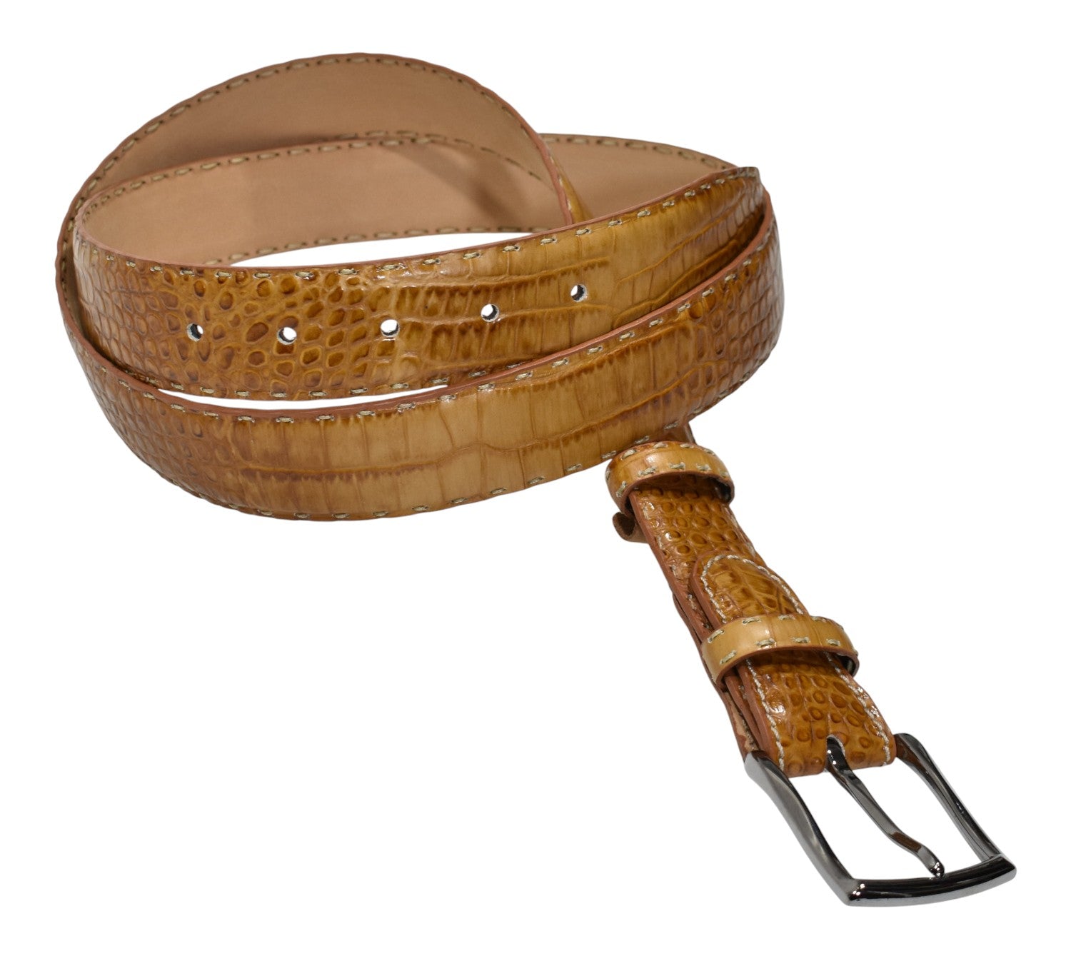Marcello leather croc stamped belt in camel.