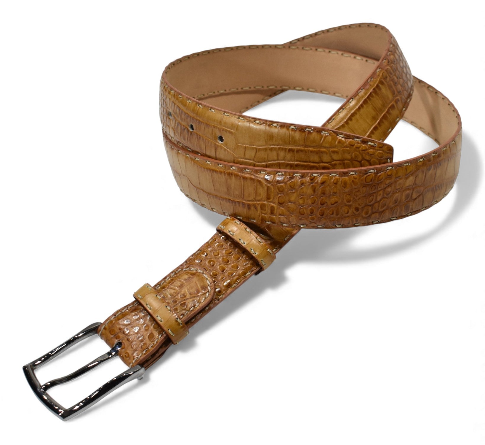 Marcello leather croc stamped belt in camel.