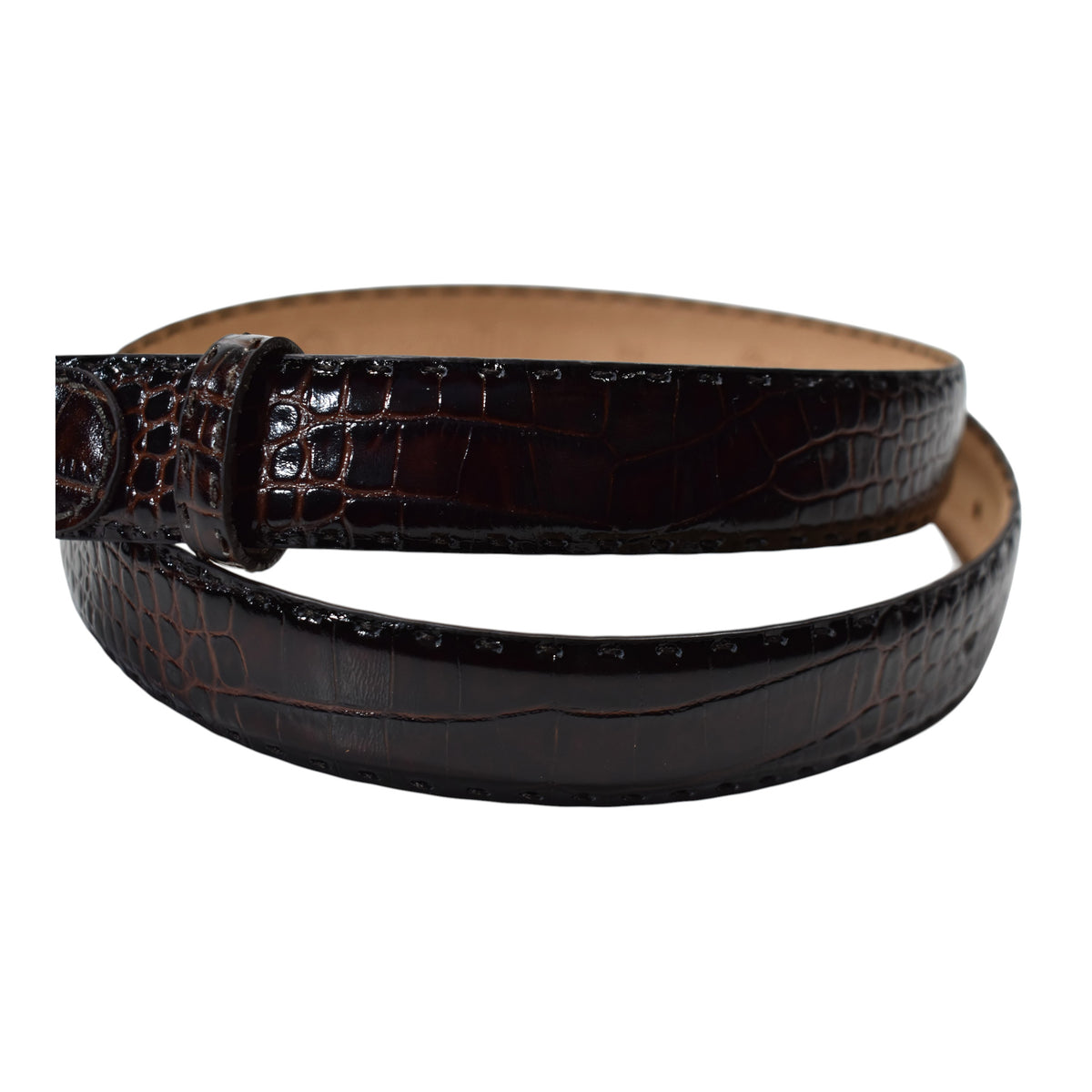 A Marcello dark brown crocodile-embossed leather belt with a black metal buckle, coiled on a plain white background.
