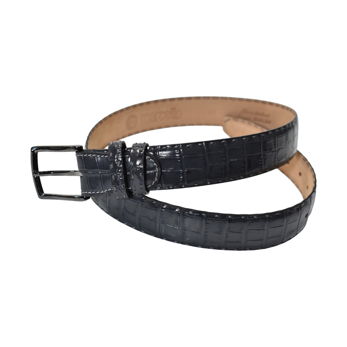 A Marcello charcoal crocodile-embossed leather belt with a silver-tone metal buckle, coiled on a solid white background.