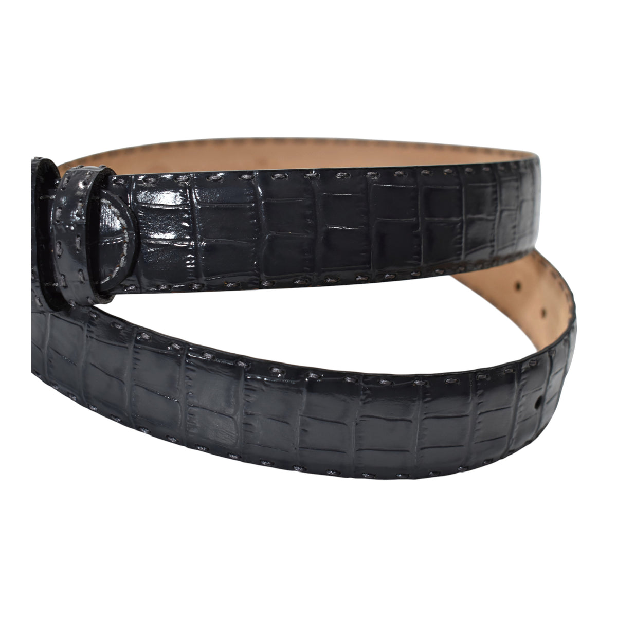 A Marcello charcoal crocodile-embossed leather belt with a silver-tone metal buckle, coiled on a solid white background.