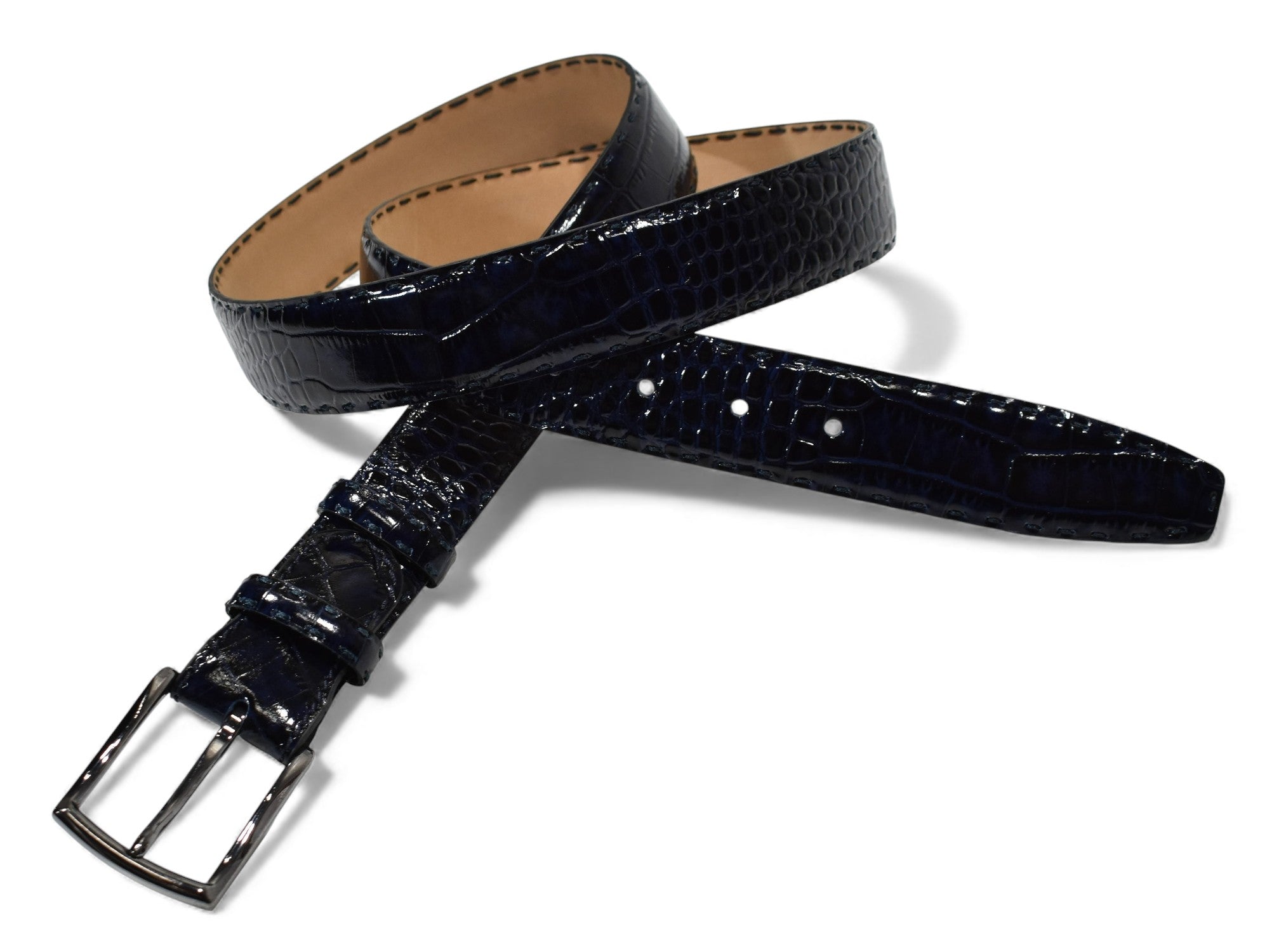 Marcello leather croc stamped belt in Indigo.