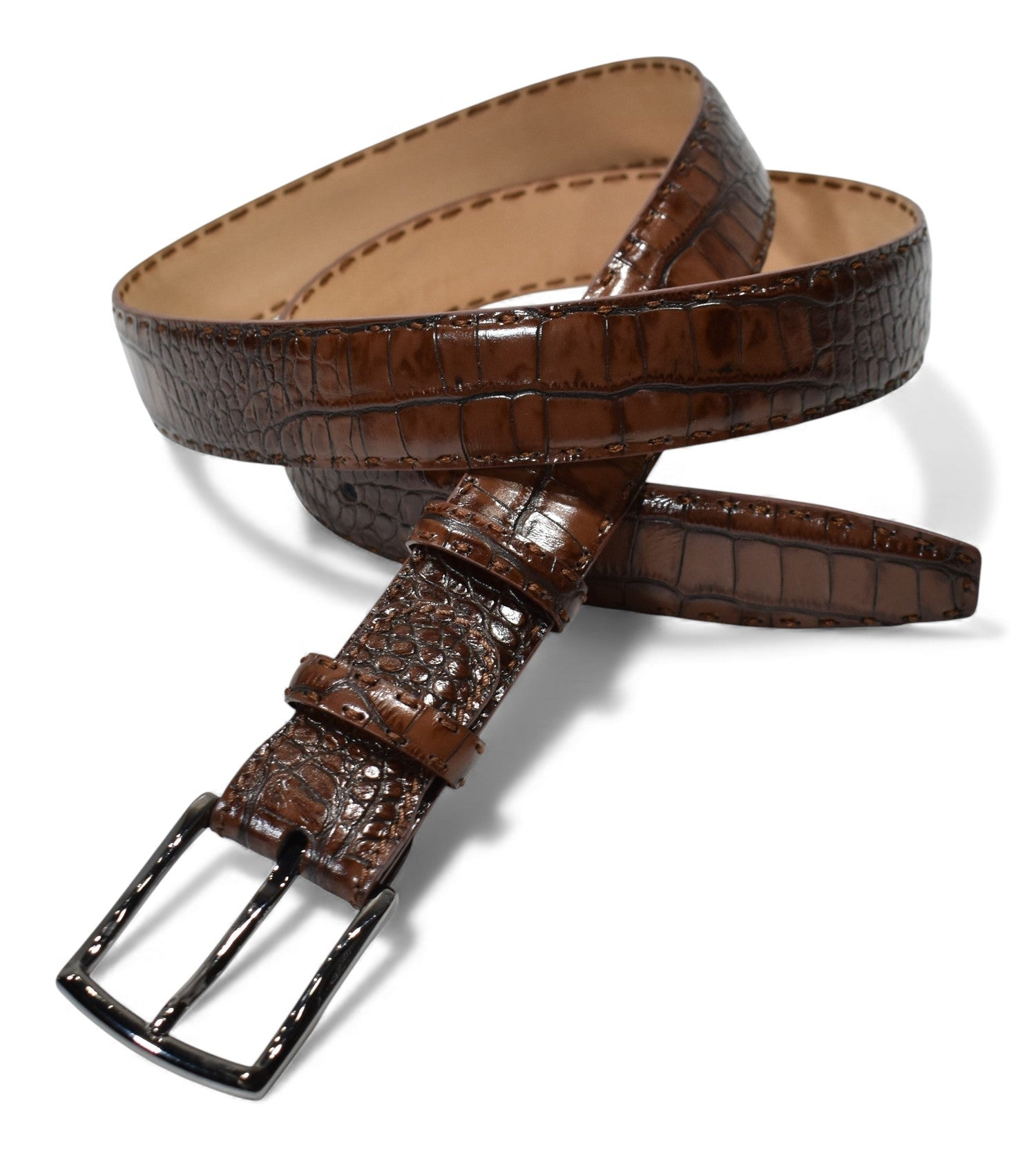 Marcello leather croc stamped belt in Mocha.