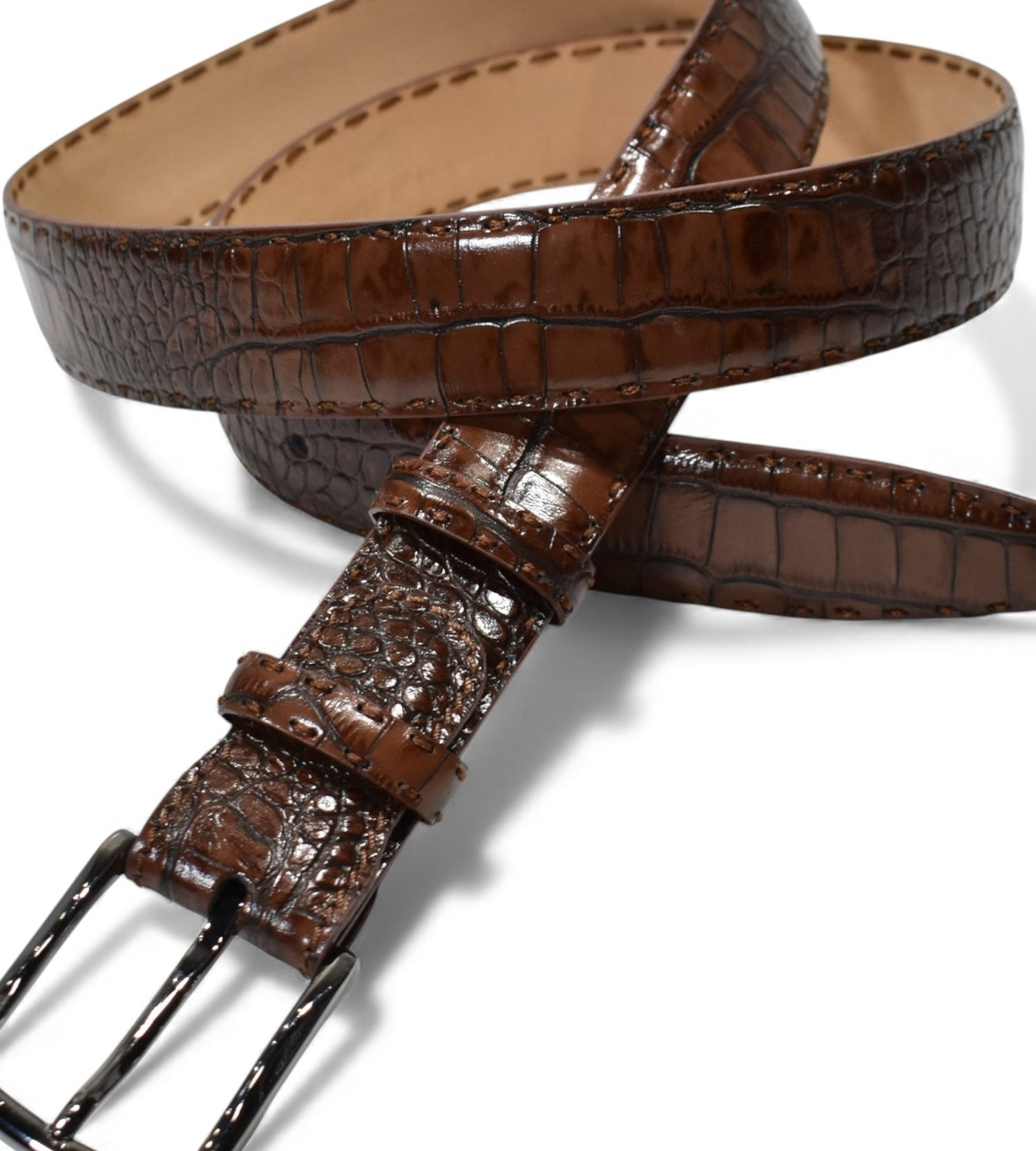 Marcello leather croc stamped belt in Mocha.