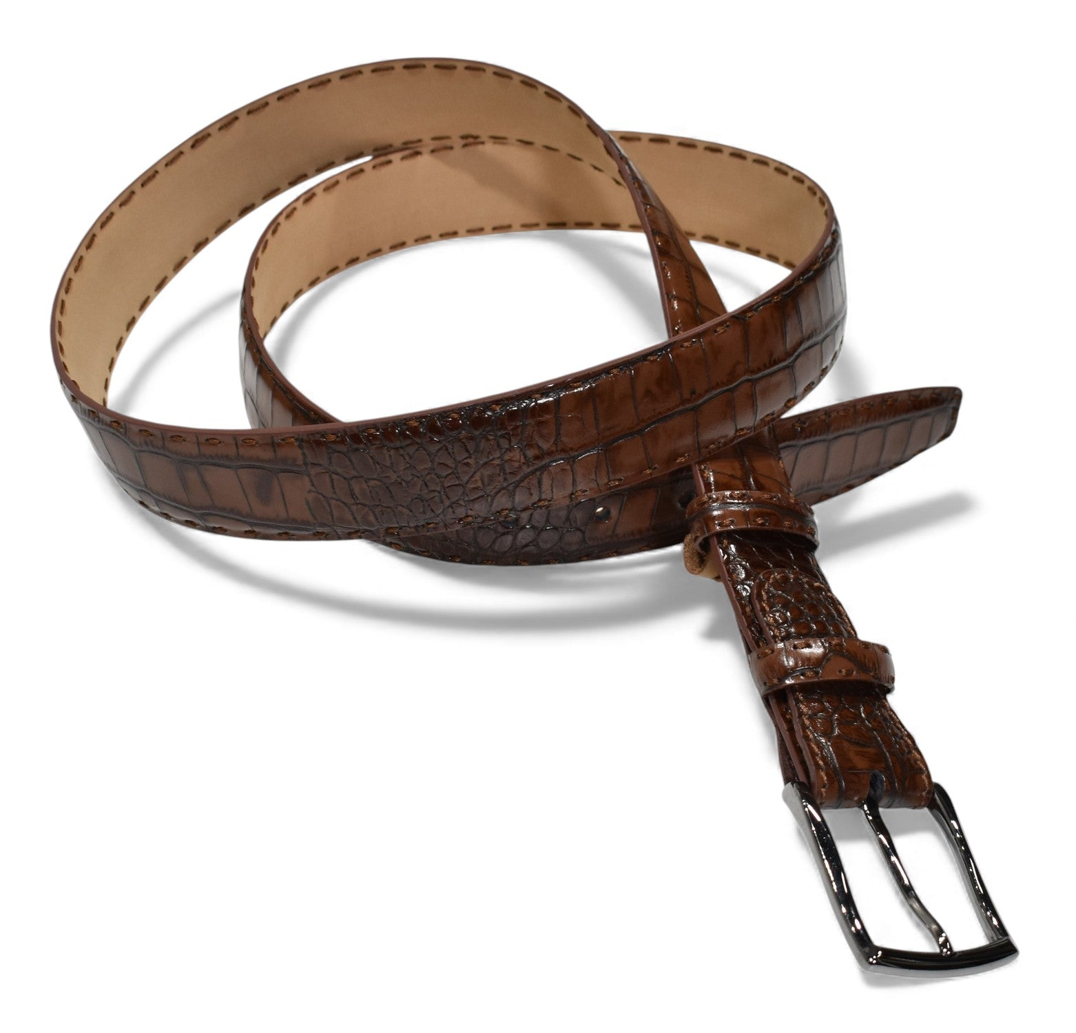 Marcello leather croc stamped belt in Mocha.