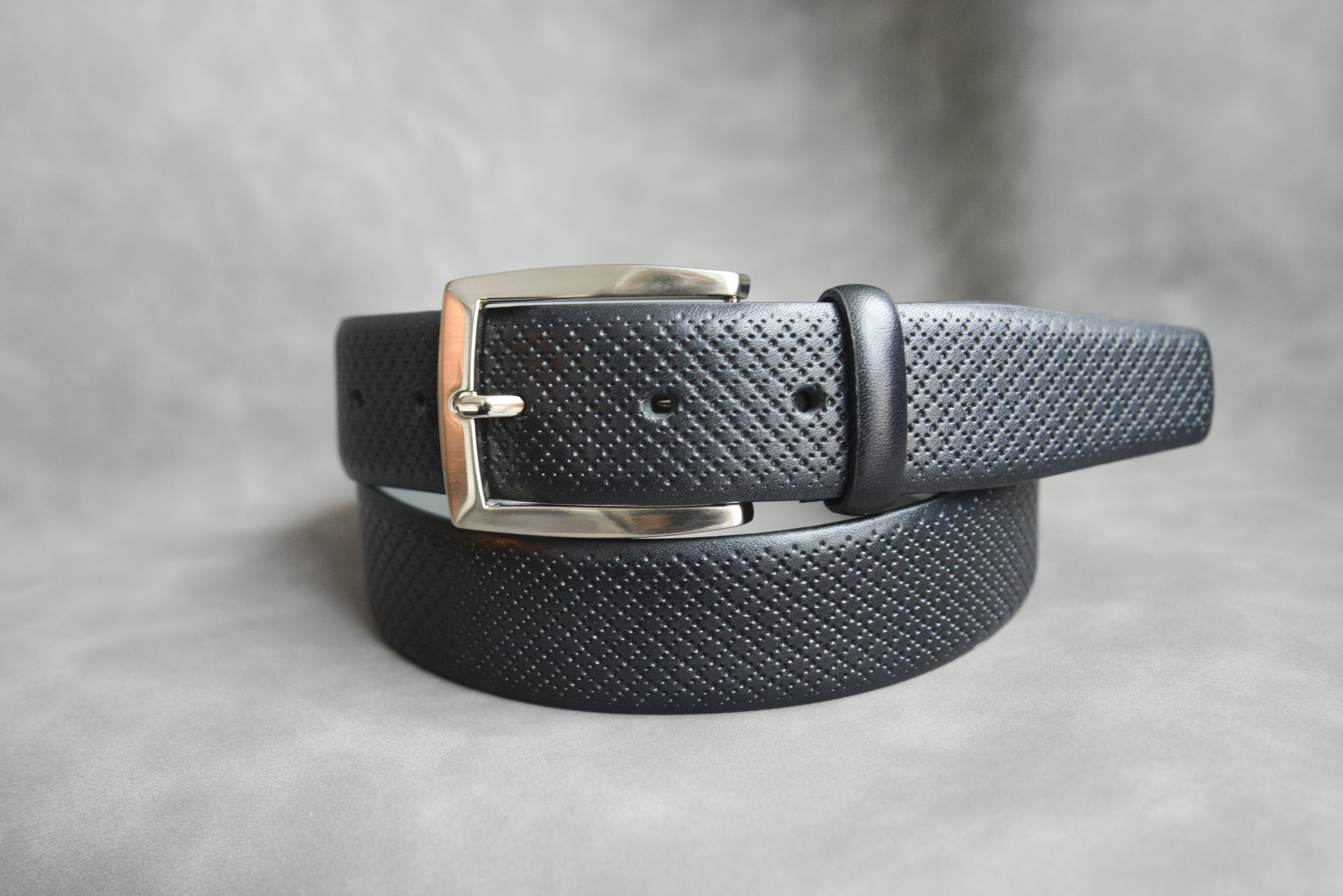 Marcello Men's Leather Diagonal Perforated Belt in black.